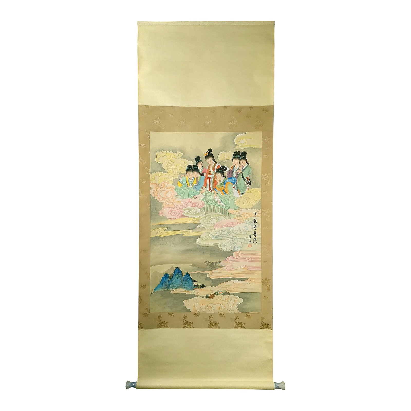 Chinese Seven Fairies Scroll After Yun Bing: Chinese seven fairies scroll, finely painted in colored inks on silk, mounted on a tan and Ji of shimmering, light golds, silk brocade in a floral vines and fenghuangs pattern, and a nakamawashi of