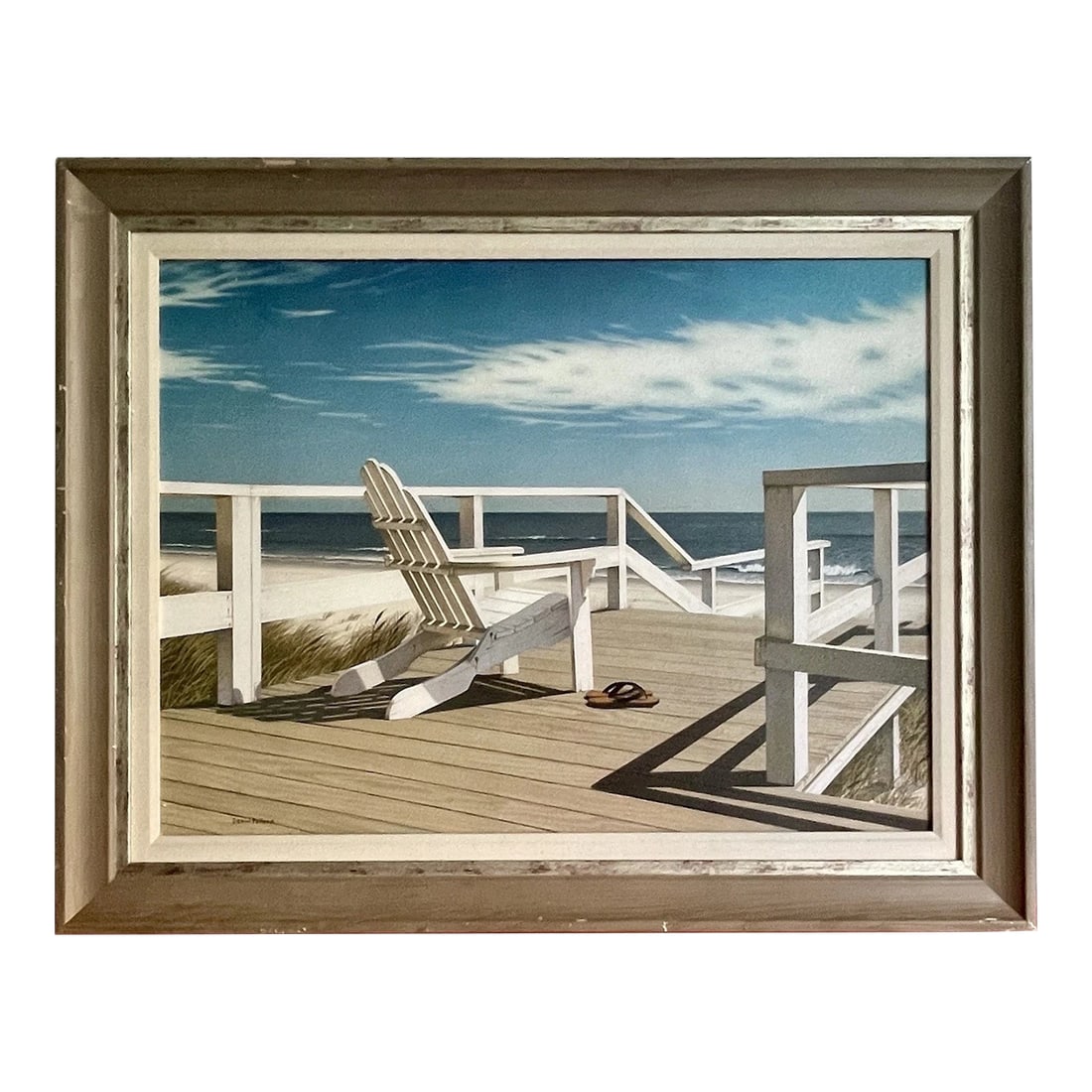 Daniel Pollera Hyperrealism Beach Scene Textured Giclee Fine Art on Canvas Print: STUNNING Hyperrealistic Photorealistic canvas giclee by Daniel Pollera (1953-2022) Long Island NY artist. Serene beach deck scene with Adirondack chair and flip flops. Overall measurements are 40"