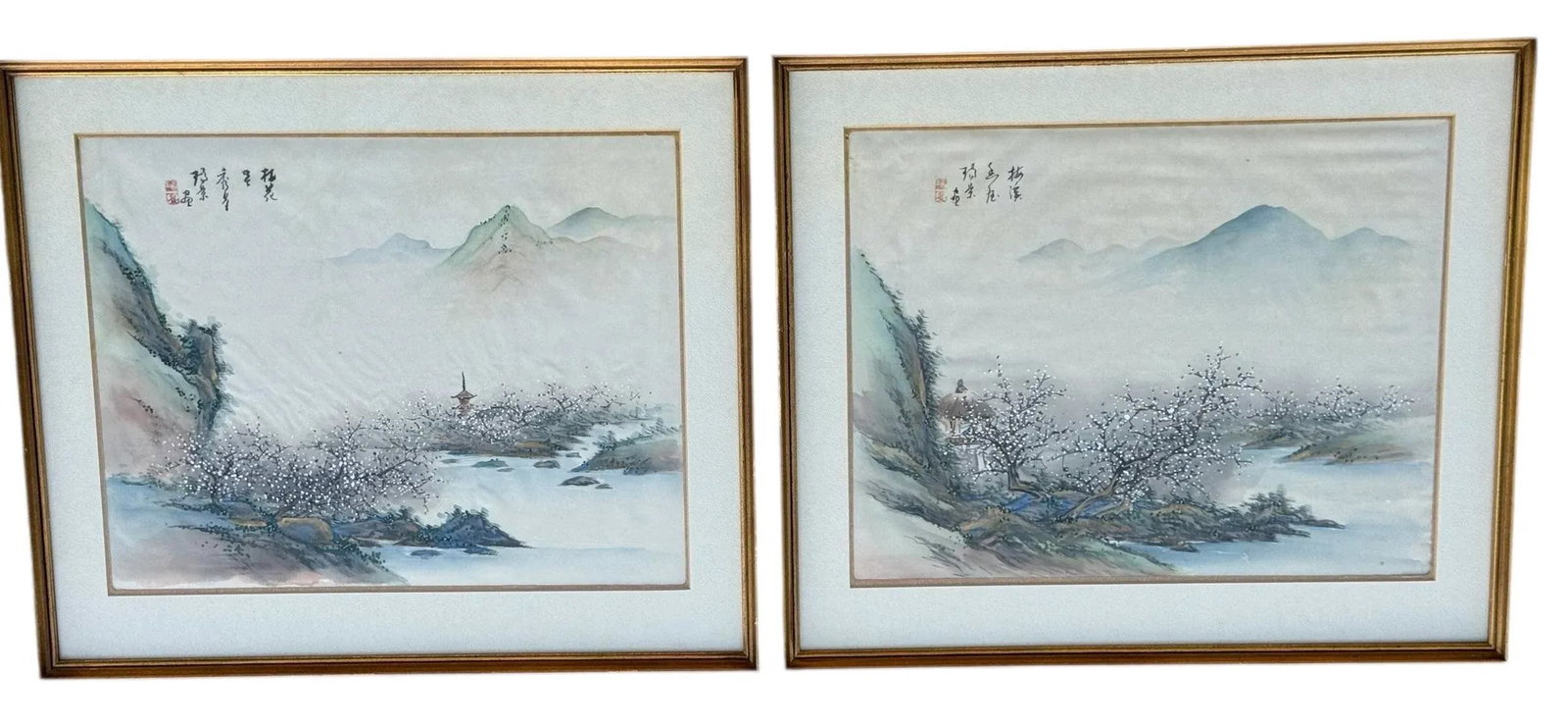 Mid 20th Century Pair of Chinese Mountain Village Landscape Paintings on Silk, Custom Framed - 10