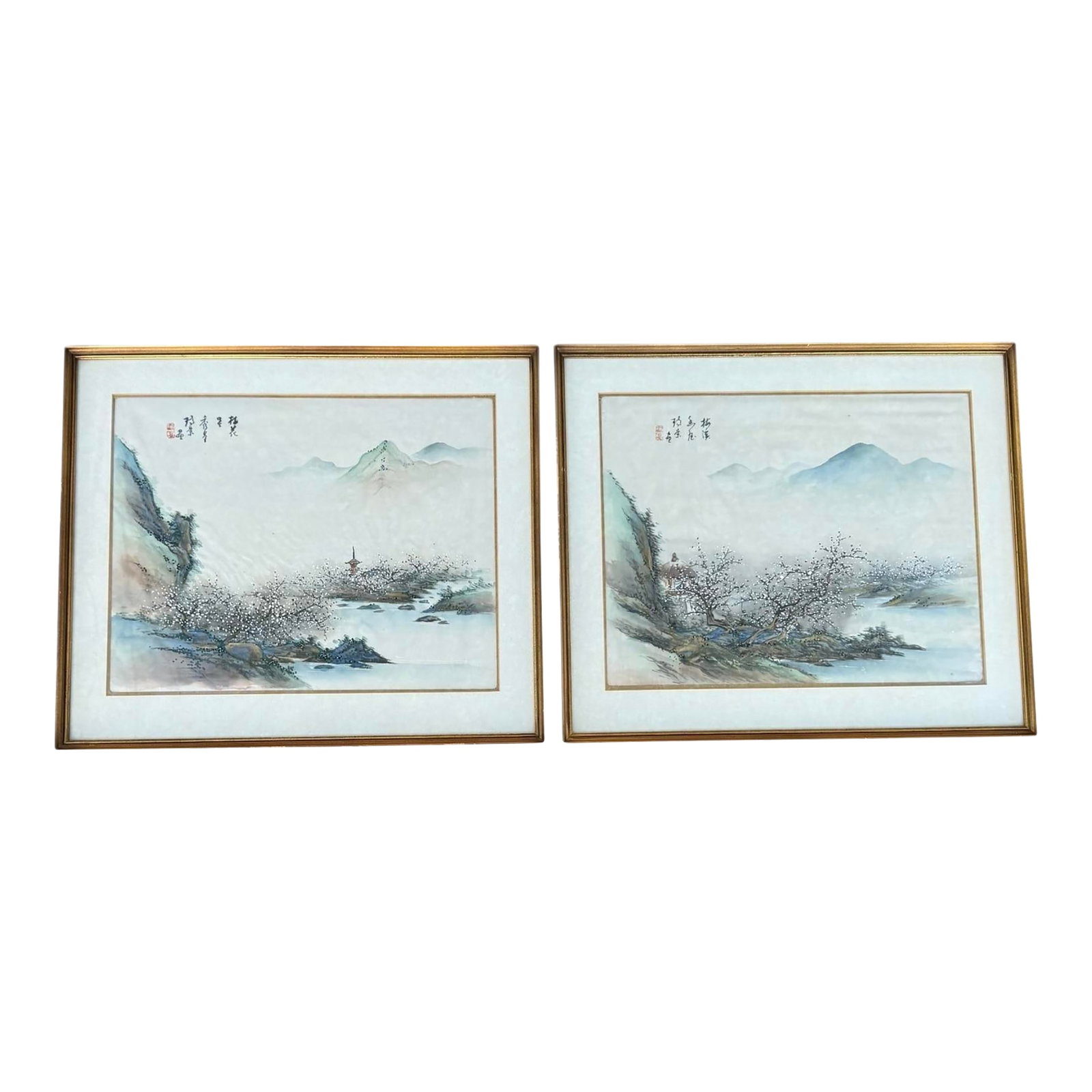 Mid 20th Century Pair of Chinese Mountain Village Landscape Paintings on Silk, Custom Framed: Complementary pair of high quality vintage Asian watercolor paintings on silk of mountain village with cherry blossom trees, signed and marked on the upper left, custom framed in gold frame with matti