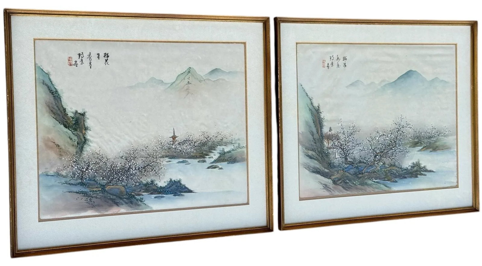 Mid 20th Century Pair of Chinese Mountain Village Landscape Paintings on Silk, Custom Framed - 2