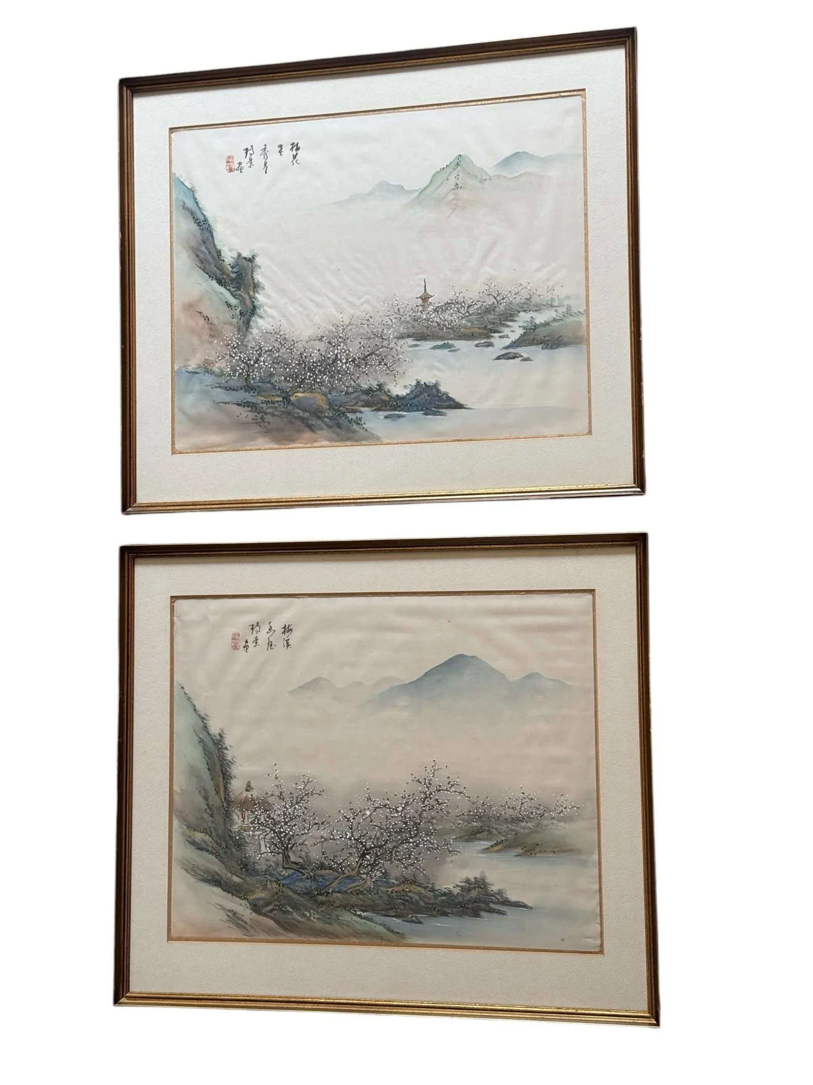 Mid 20th Century Pair of Chinese Mountain Village Landscape Paintings on Silk, Custom Framed - 3