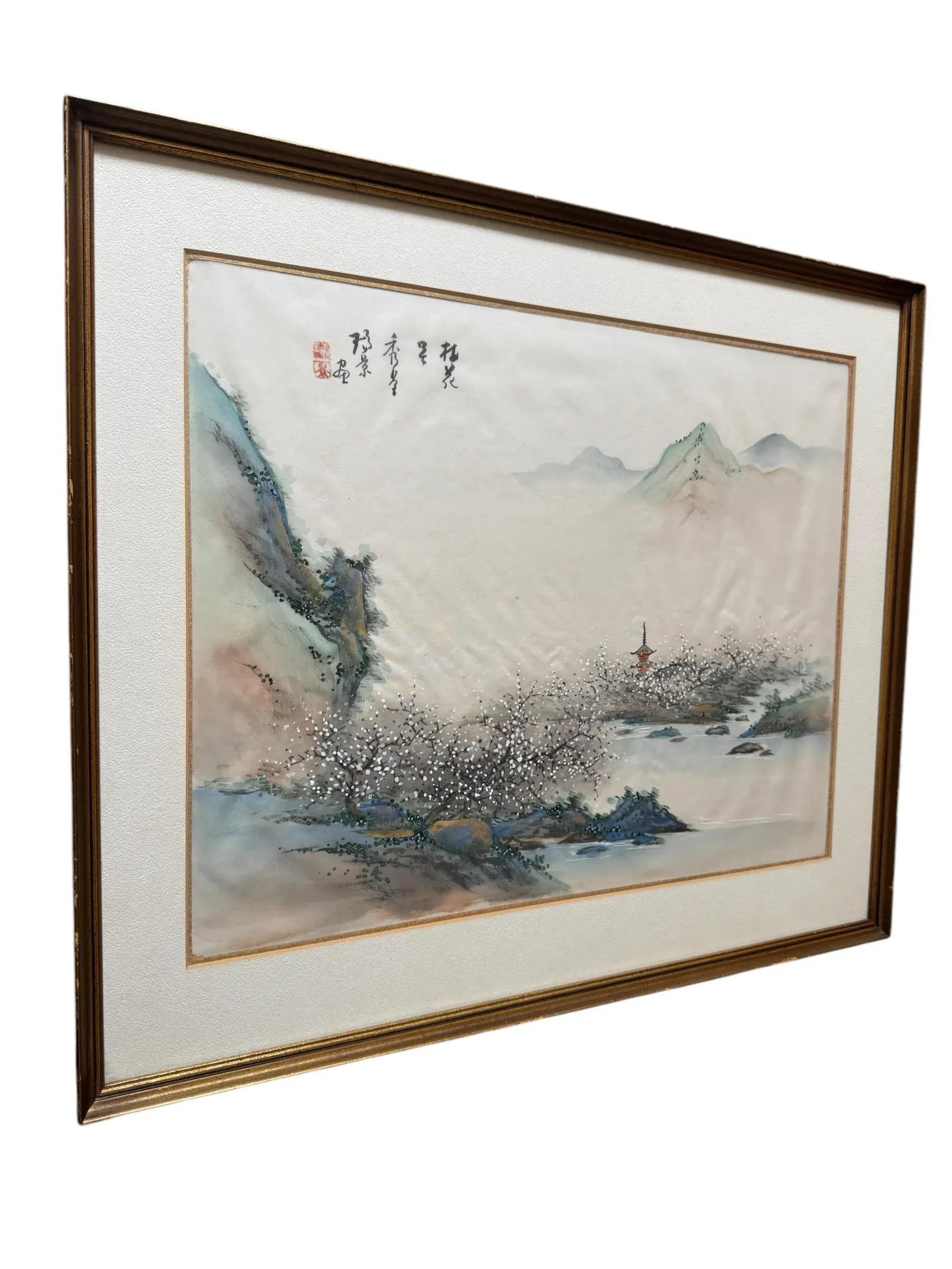 Mid 20th Century Pair of Chinese Mountain Village Landscape Paintings on Silk, Custom Framed - 6
