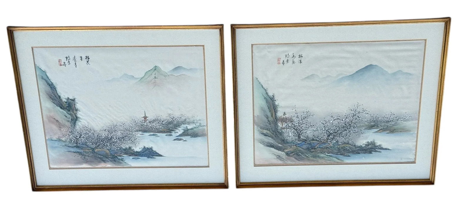 Mid 20th Century Pair of Chinese Mountain Village Landscape Paintings on Silk, Custom Framed - 8