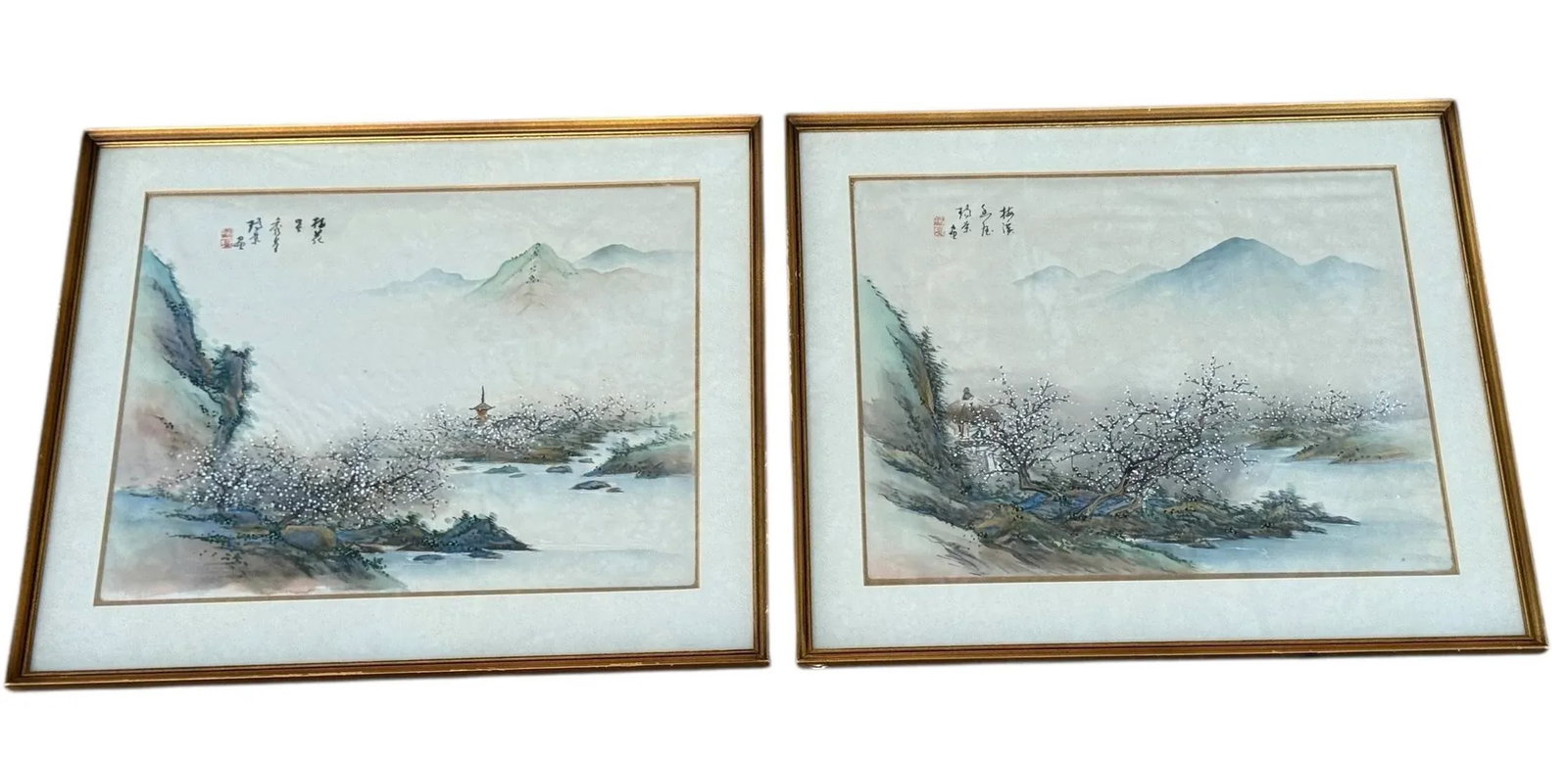 Mid 20th Century Pair of Chinese Mountain Village Landscape Paintings on Silk, Custom Framed - 9