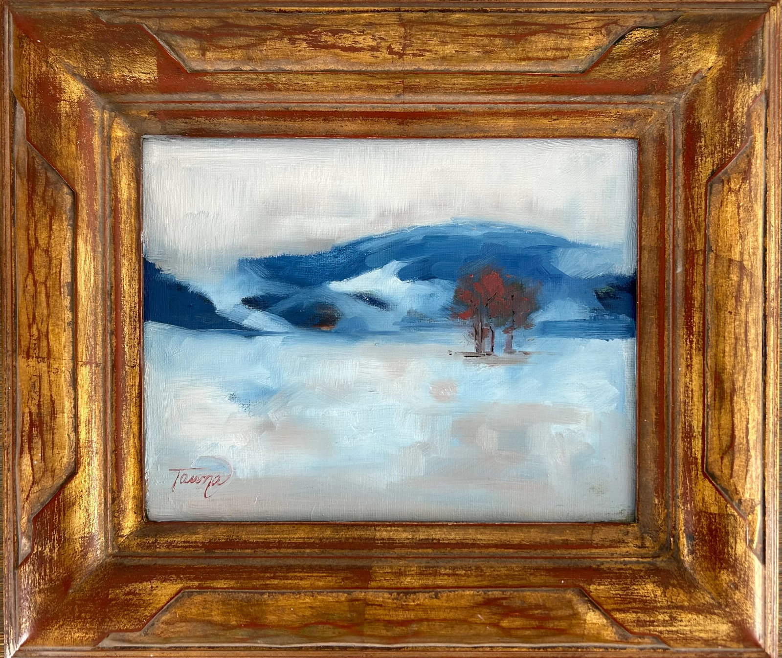 Lone Tree on the Bench: Created by Tawna Allred. "For half of the year, I watch snow descend over the mountains as storms roll in and out. The trees are stripped bare, but they don't stop giving off color. The orange of this