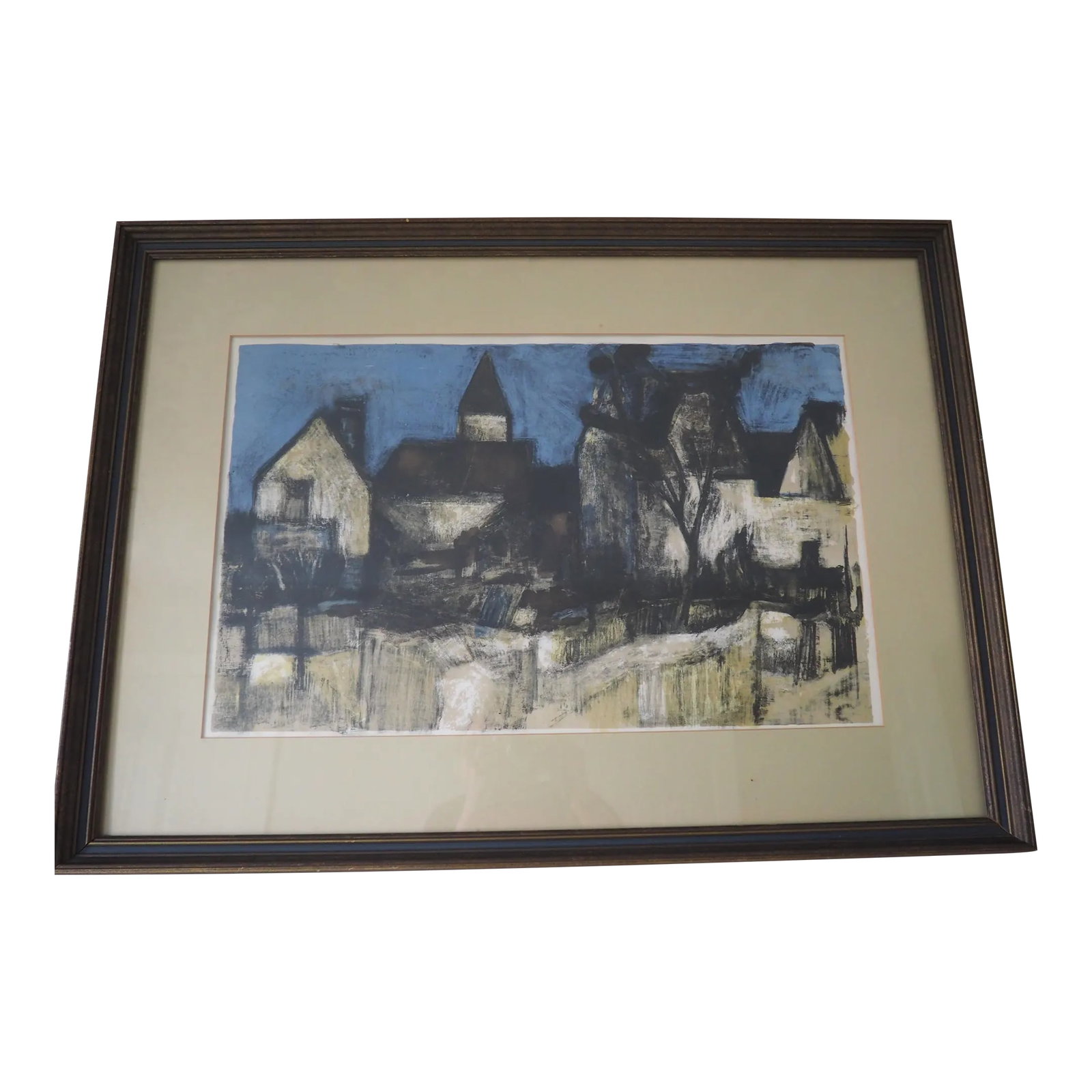 1950s Bernard Cathelin 'Village Dans La Nuit' Framed Lithograph: A framed, signed lithography 'Village dans la Nuit' by French artist Bernard Cathelin. Dark wood frame with a blue accent border and beige mat. The backing paper has some tears in it from storage,
