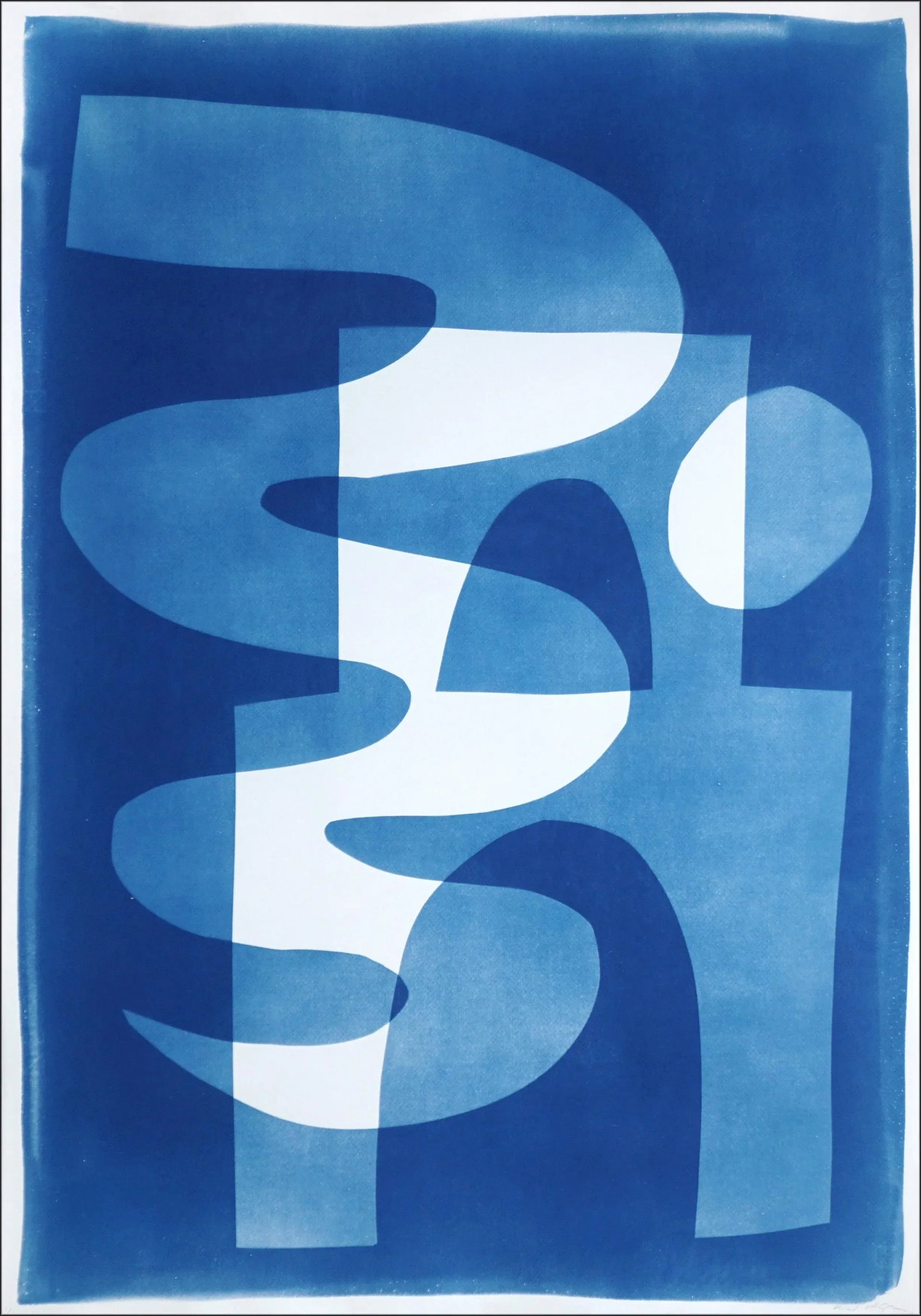 2025, Desert Modernism Cyanotype Monotype on Watercolor Paper, Blue and White "Cloudy Night", Handma: This is an exclusive handprinted unique cyanotype that takes its inspiration from the mid-century modern shapes and the desert modernism movement. It's made by layering paper cutouts and different exp