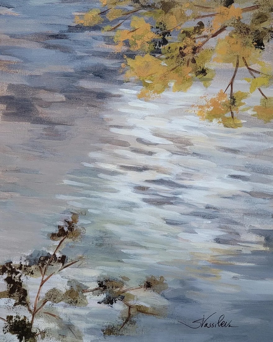 Ripples and Branches, Original Acrylic Landscape Painting: This small landscape is inspired by a beautiful mountain lake. The composition is focusing on the ripples of the water and the reflected sky. Distressed abstracted branches are conveying fall. The