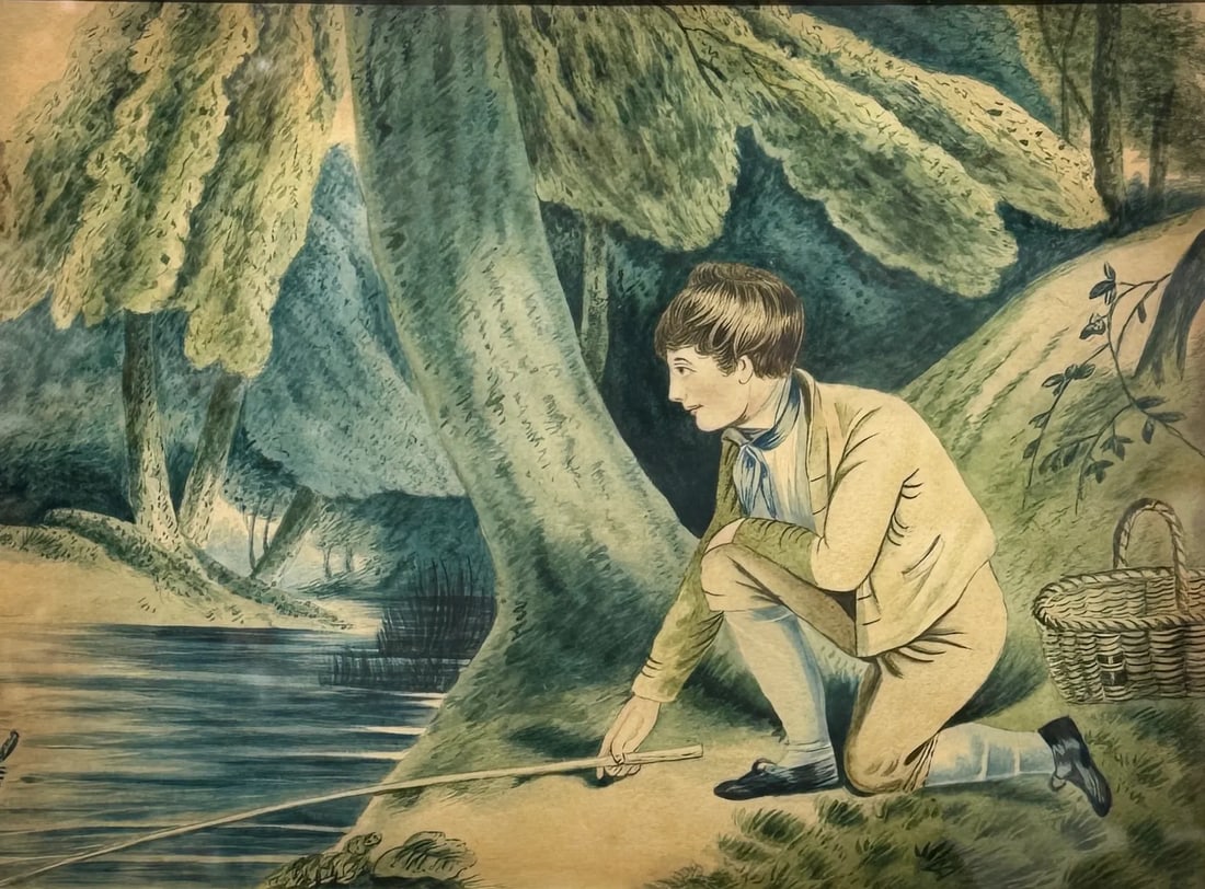 Antique English Hand Colored Print Boy Fishing, Framed - 2