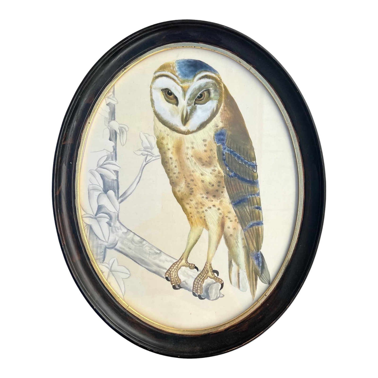 Vintage Original Owl Painting on Silk in Oval Frame: Vintage painting of an owl on ivory silk under glass in an ebonized oval frame with a gold gilt wood liner.. Art size is 13.5" x 10.5" and overall 16" x 13" x 1". Art and frame are original and we