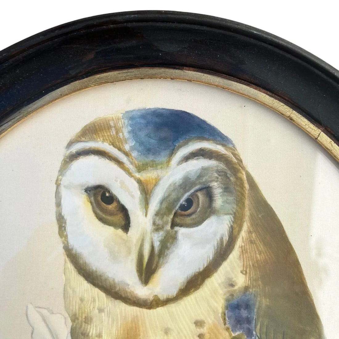 Vintage Original Owl Painting on Silk in Oval Frame - 2