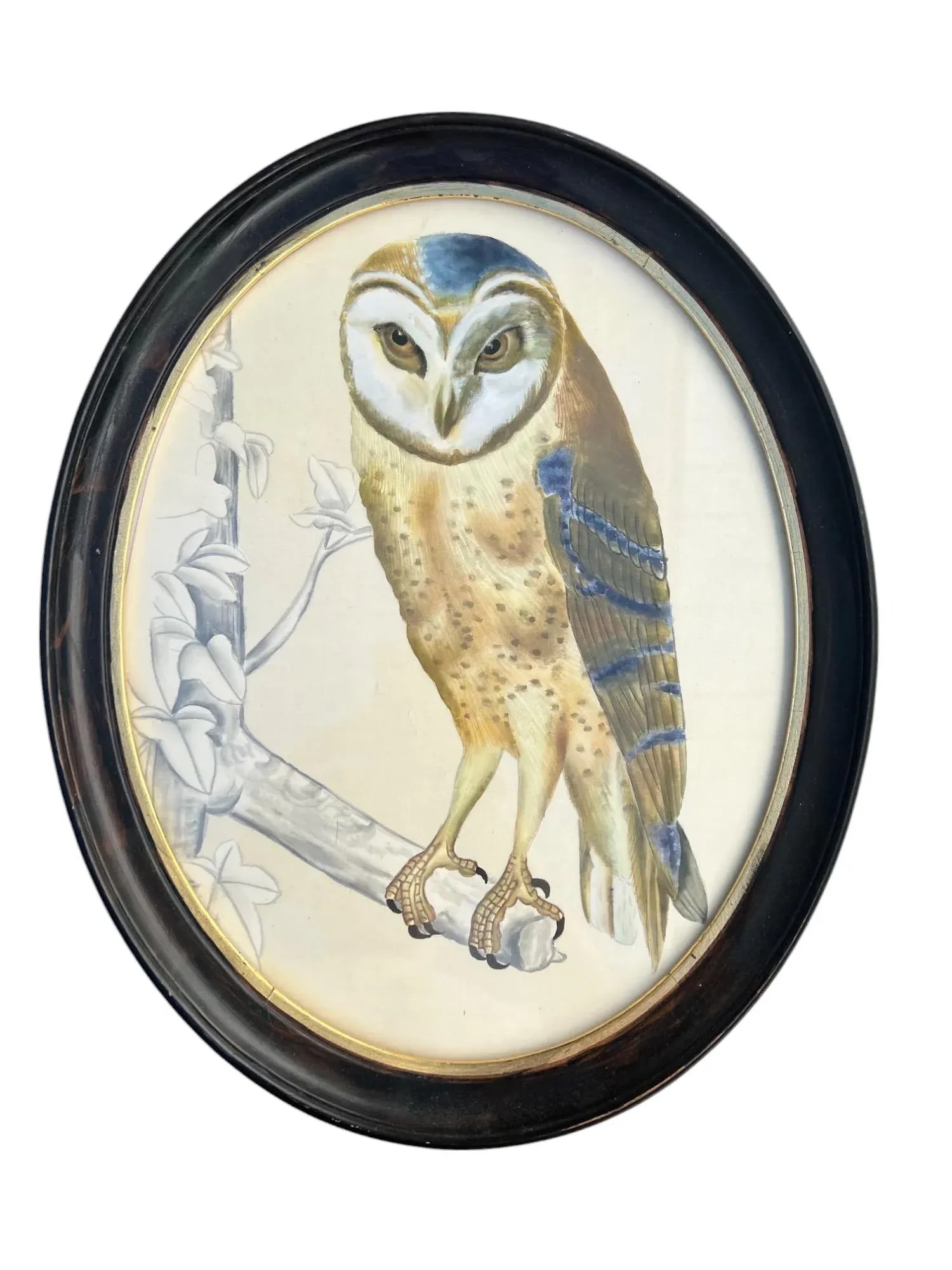 Vintage Original Owl Painting on Silk in Oval Frame - 3