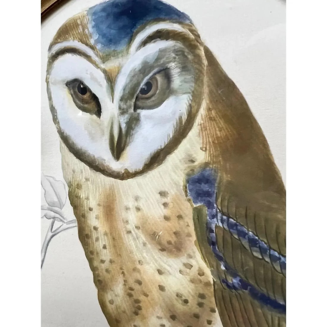 Vintage Original Owl Painting on Silk in Oval Frame - 7