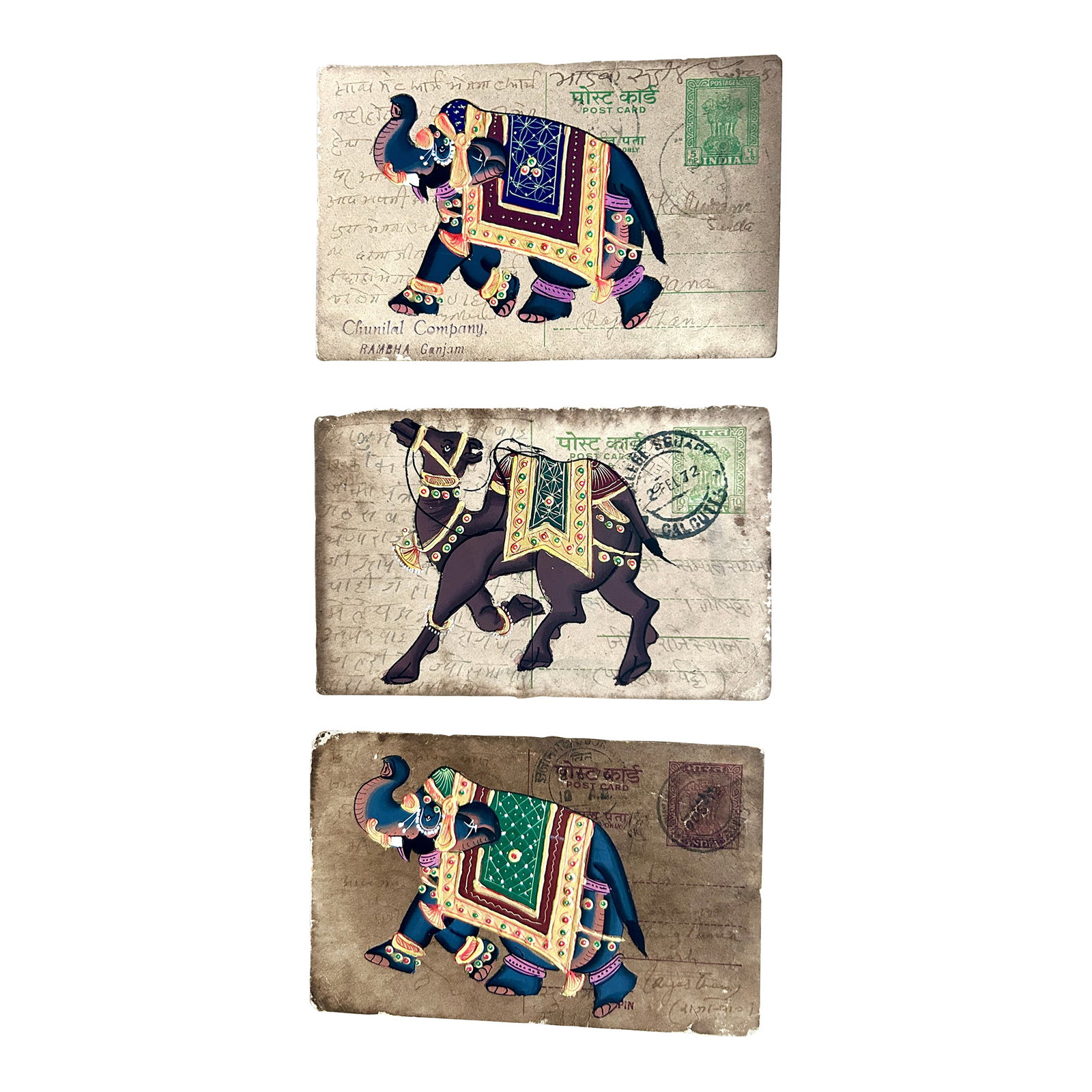 Mid 20th Century Vintage Indian Elephant and Camel Hand Painted Rajasthani Paper Postcard, Set of Th: Vintage Indian Elephant and Camel Hand Painted Rajasthani Paper Postcard, set of three. Acquired at an auction in Texas in 2021. Beautiful authentic vintage Indian postcards featuring hand painted