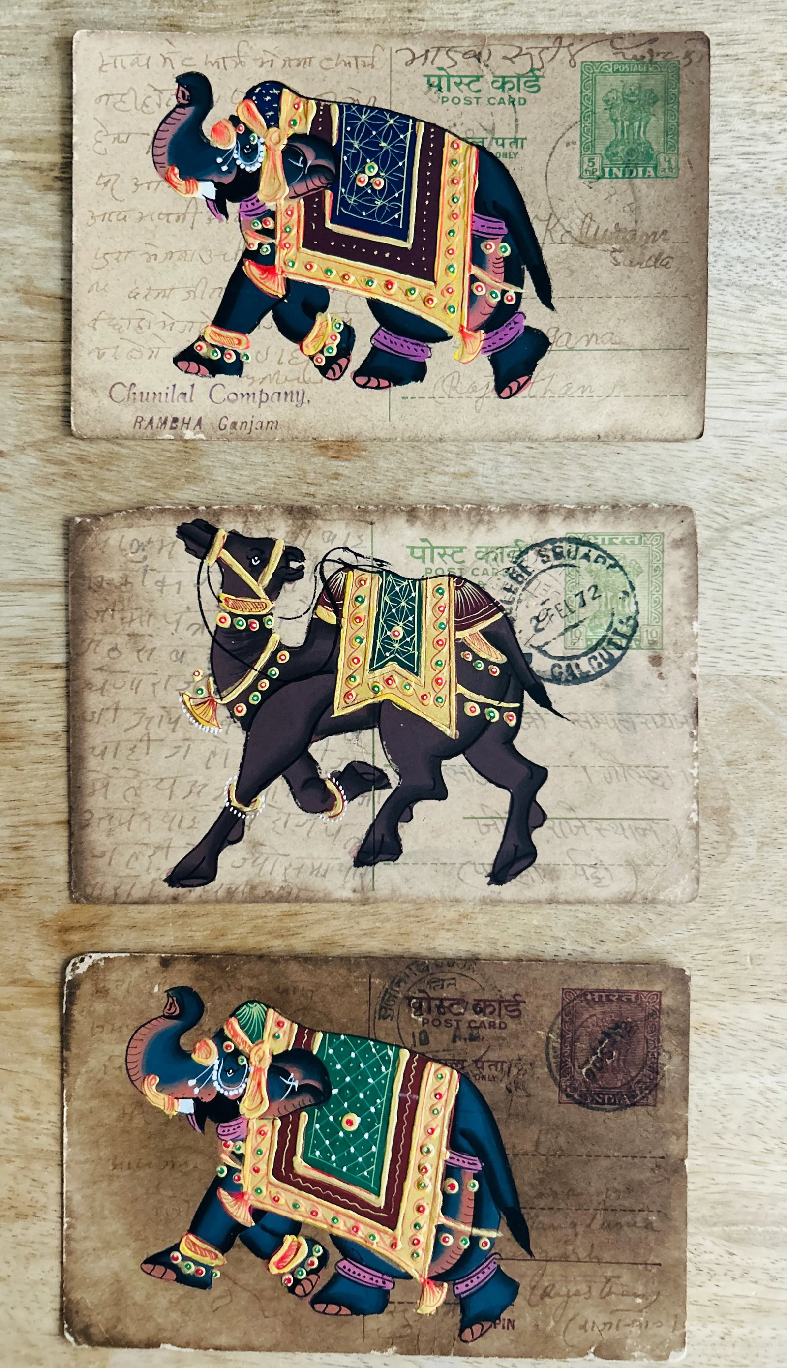 Mid 20th Century Vintage Indian Elephant and Camel Hand Painted Rajasthani Paper Postcard, Set of Th - 2