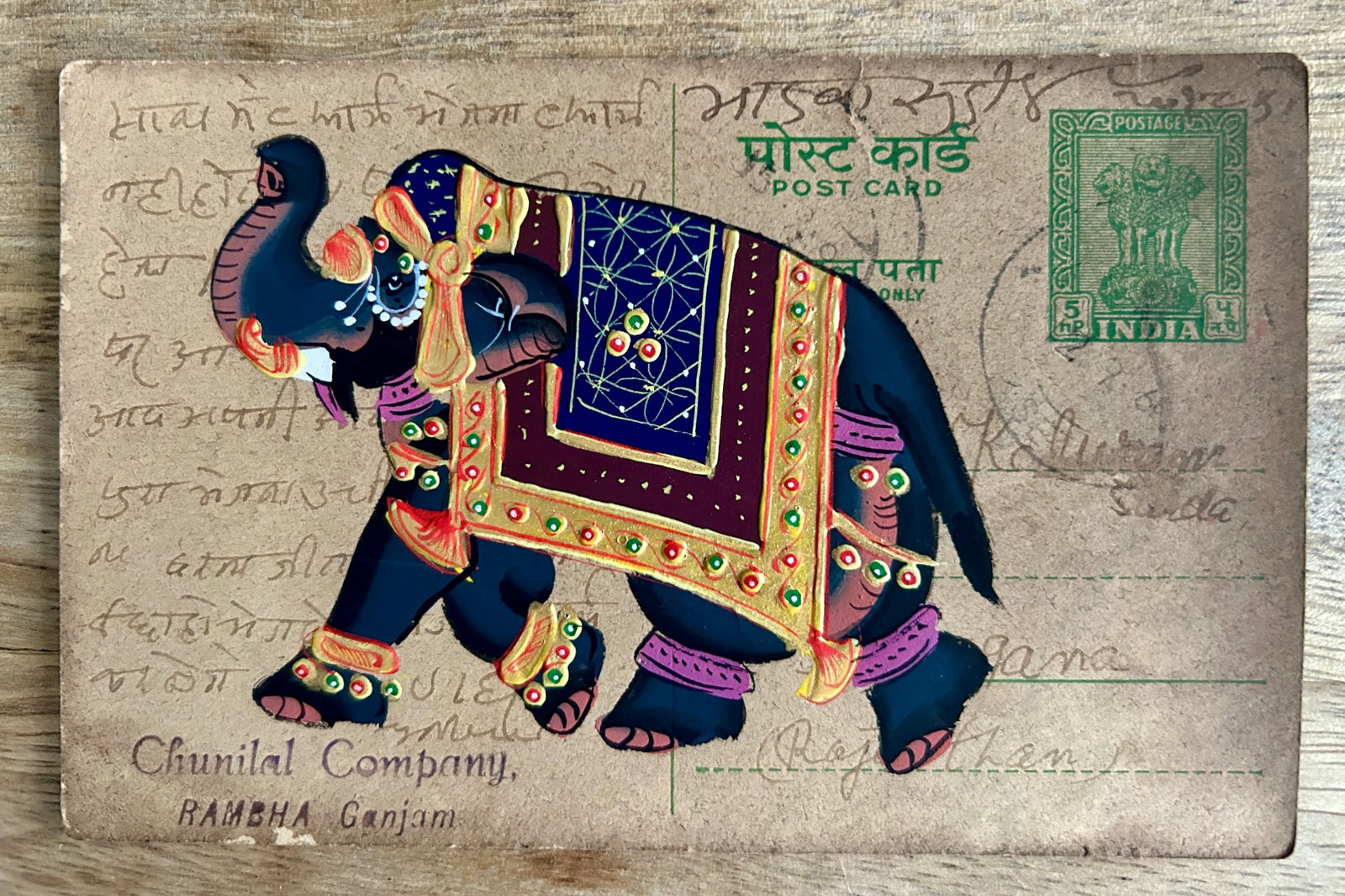 Mid 20th Century Vintage Indian Elephant and Camel Hand Painted Rajasthani Paper Postcard, Set of Th - 3