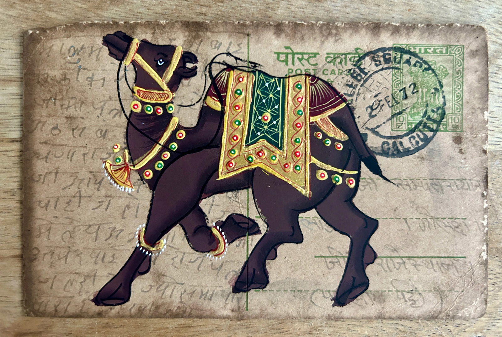 Mid 20th Century Vintage Indian Elephant and Camel Hand Painted Rajasthani Paper Postcard, Set of Th - 4