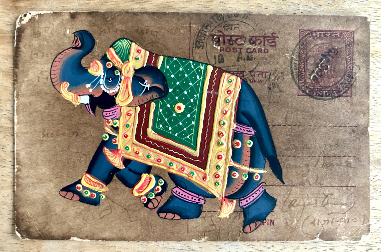 Mid 20th Century Vintage Indian Elephant and Camel Hand Painted Rajasthani Paper Postcard, Set of Th - 5