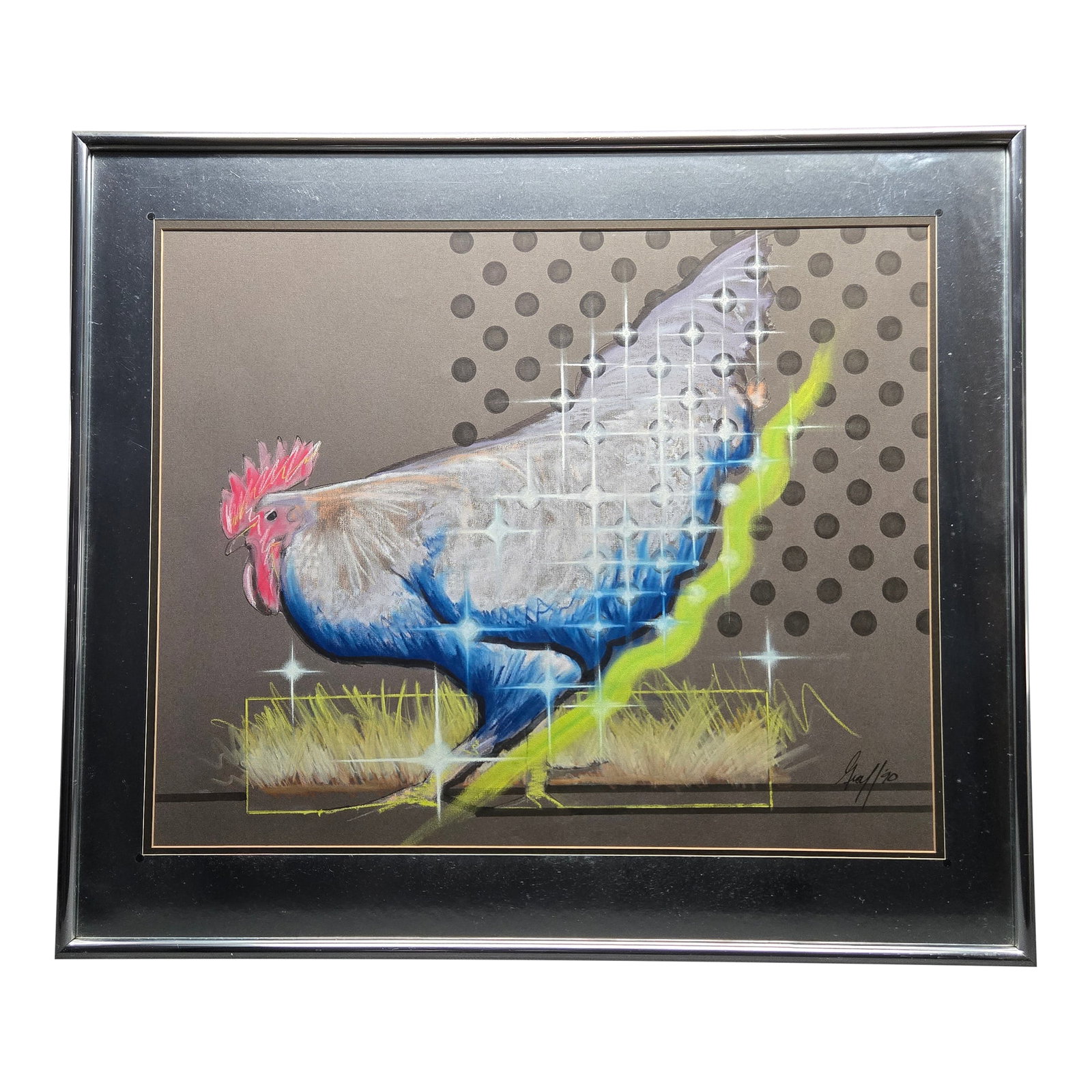 1990 Atomic Cock Rooster Chicken Pastel Painting, Framed: "Atomic Cock", as this piece is titled, combines a large rooster with mid-century Atomic styling and the saturated colors of pastels all to great effect. The large white Leghorn rooster bends to peck