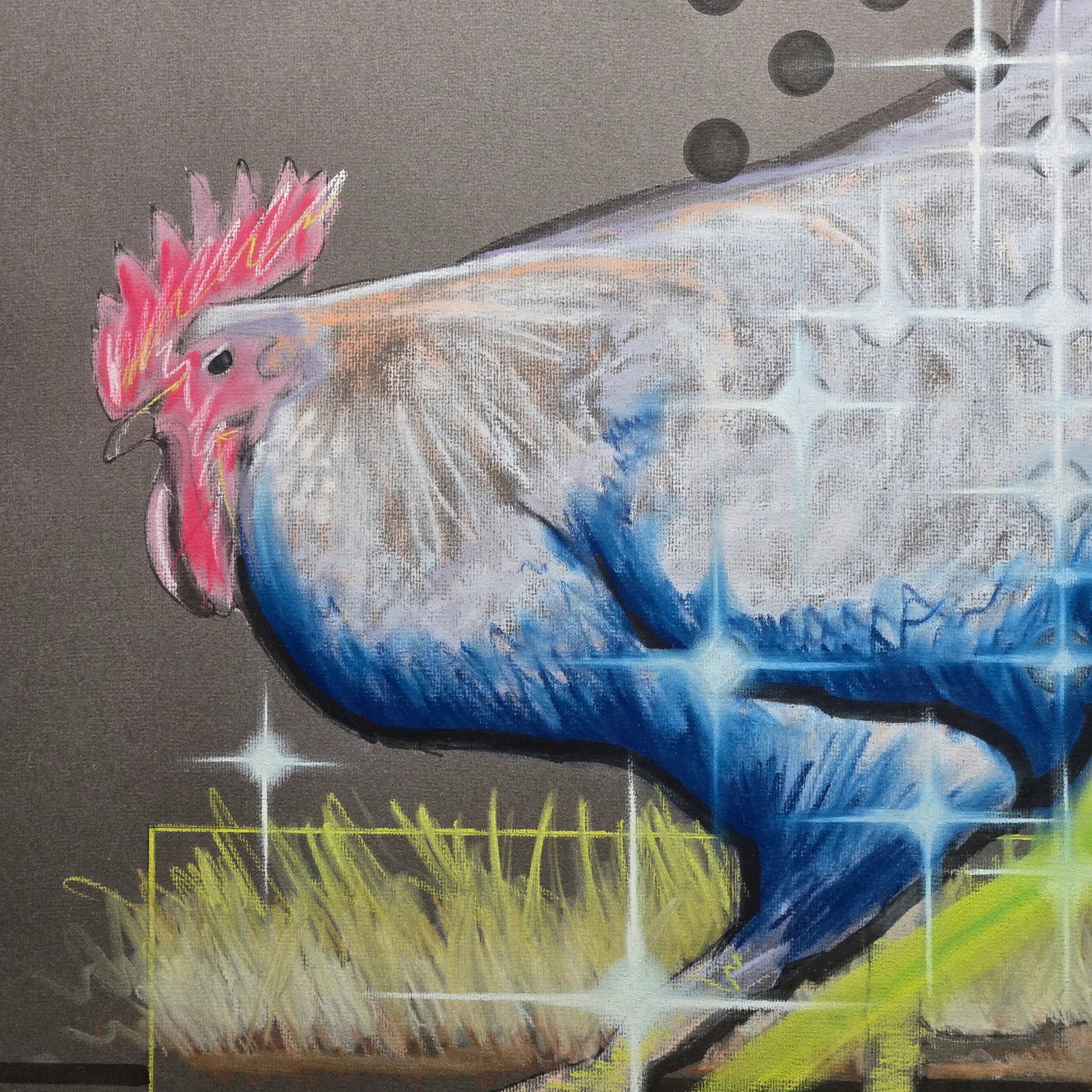 1990 Atomic Cock Rooster Chicken Pastel Painting, Framed - 2