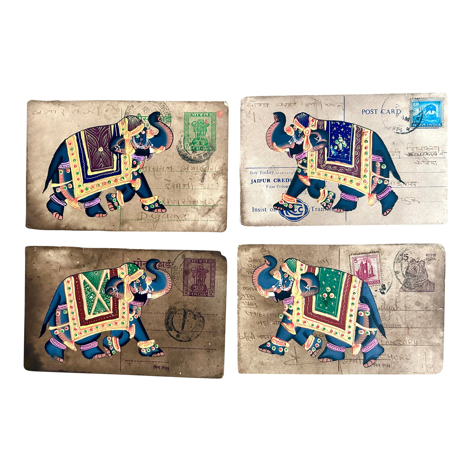 Mid 20th Century Vintage Indian Elephant Hand Painted Rajasthani Paper Postcard, Set of Four: Vintage Indian Elephant Hand Painted Rajasthani Stamp Paper Postcard, Set of four. Acquired at an auction in Texas in 2021. Beautiful authentic vintage Indian postcards featuring hand painted animal