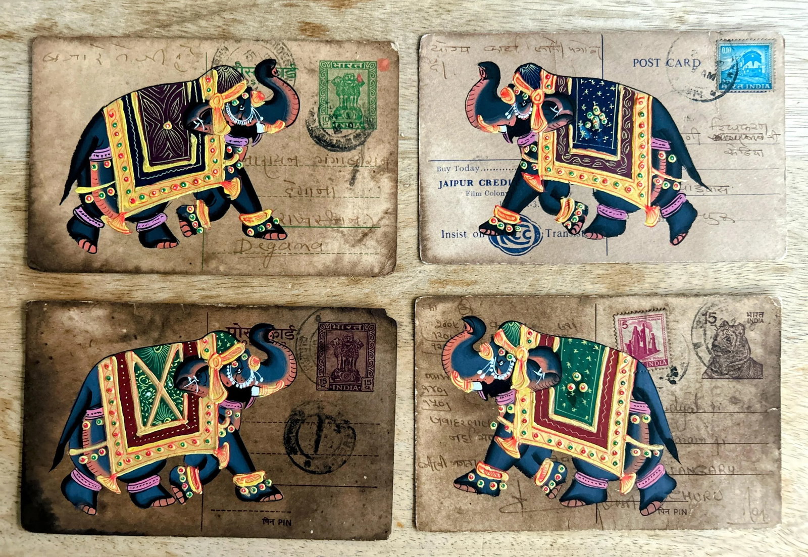 Mid 20th Century Vintage Indian Elephant Hand Painted Rajasthani Paper Postcard, Set of Four - 2
