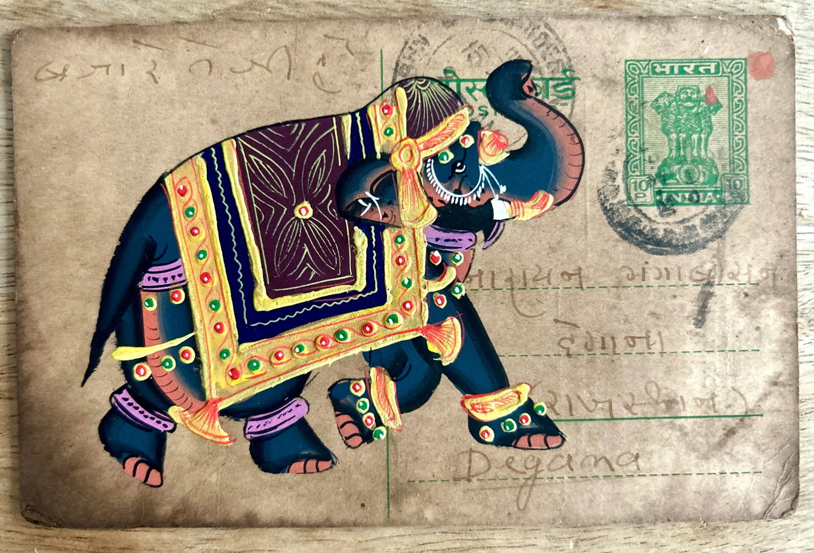 Mid 20th Century Vintage Indian Elephant Hand Painted Rajasthani Paper Postcard, Set of Four - 3