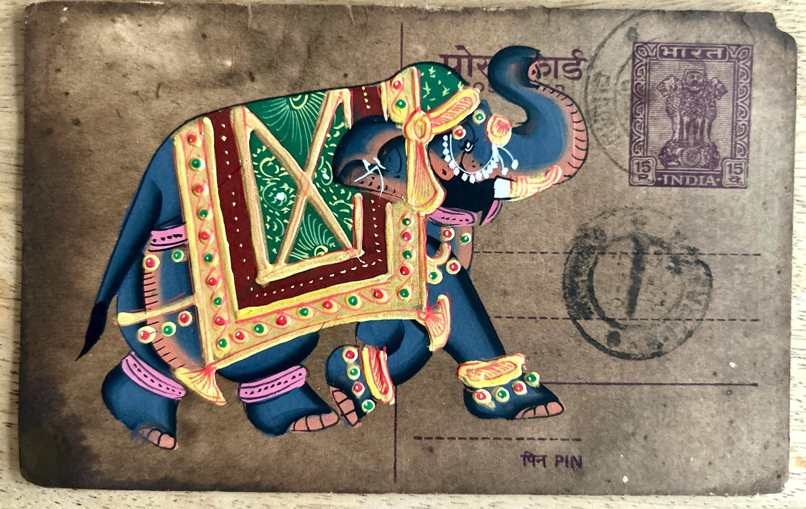 Mid 20th Century Vintage Indian Elephant Hand Painted Rajasthani Paper Postcard, Set of Four - 5