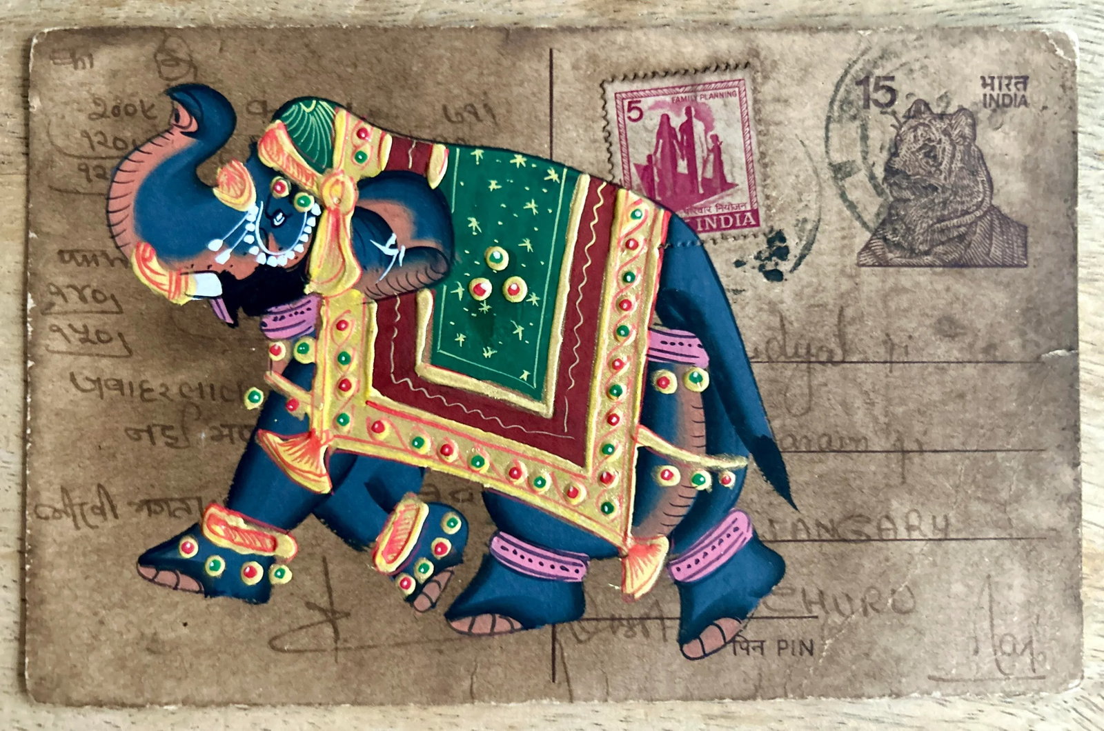 Mid 20th Century Vintage Indian Elephant Hand Painted Rajasthani Paper Postcard, Set of Four - 6