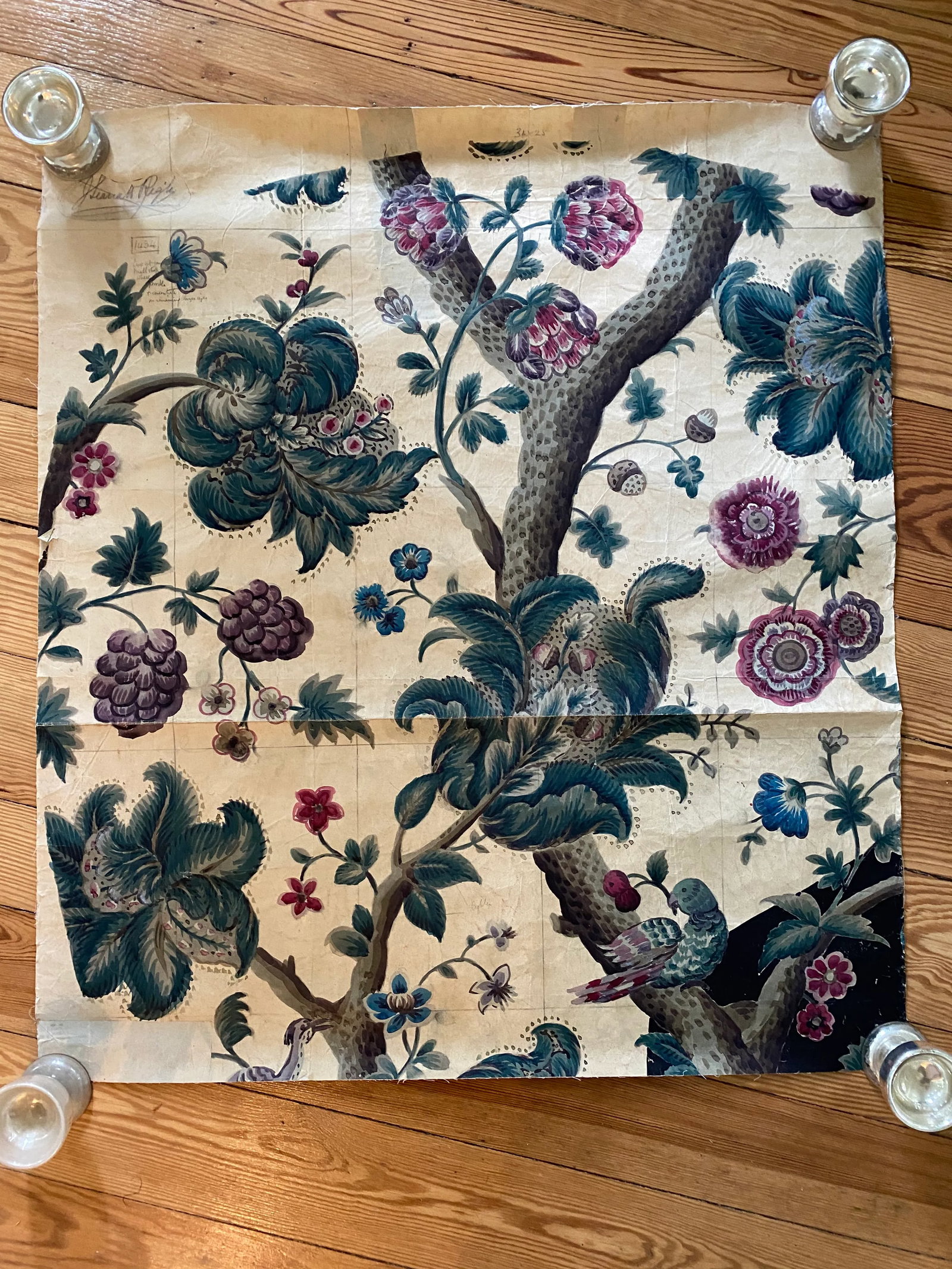 Antique Jacobean Flowers & Birds Wallpaper Artists' Rendering - 2