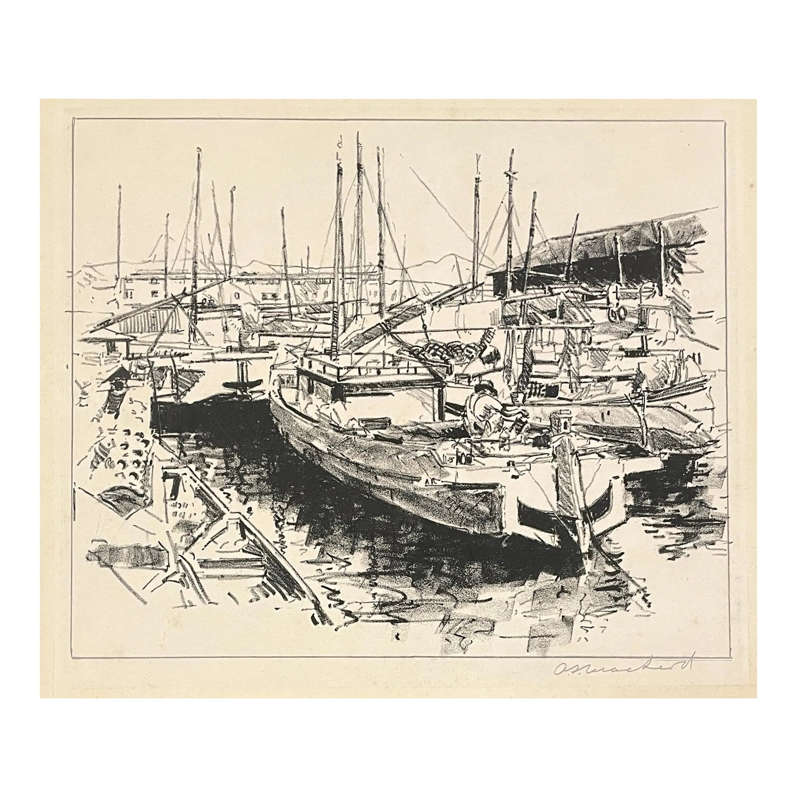 1930s Alexander Samuel MacLeod Hawaiian Boat Basin Lithograph: Alexander Samuel MacLeod (Canadian, 1888-1956) "Boat Basin, Honolulu" lithograph on paper, pencil signed. MacLeod studied at McGill University in Montreal. He moved to San Francisco where he continued