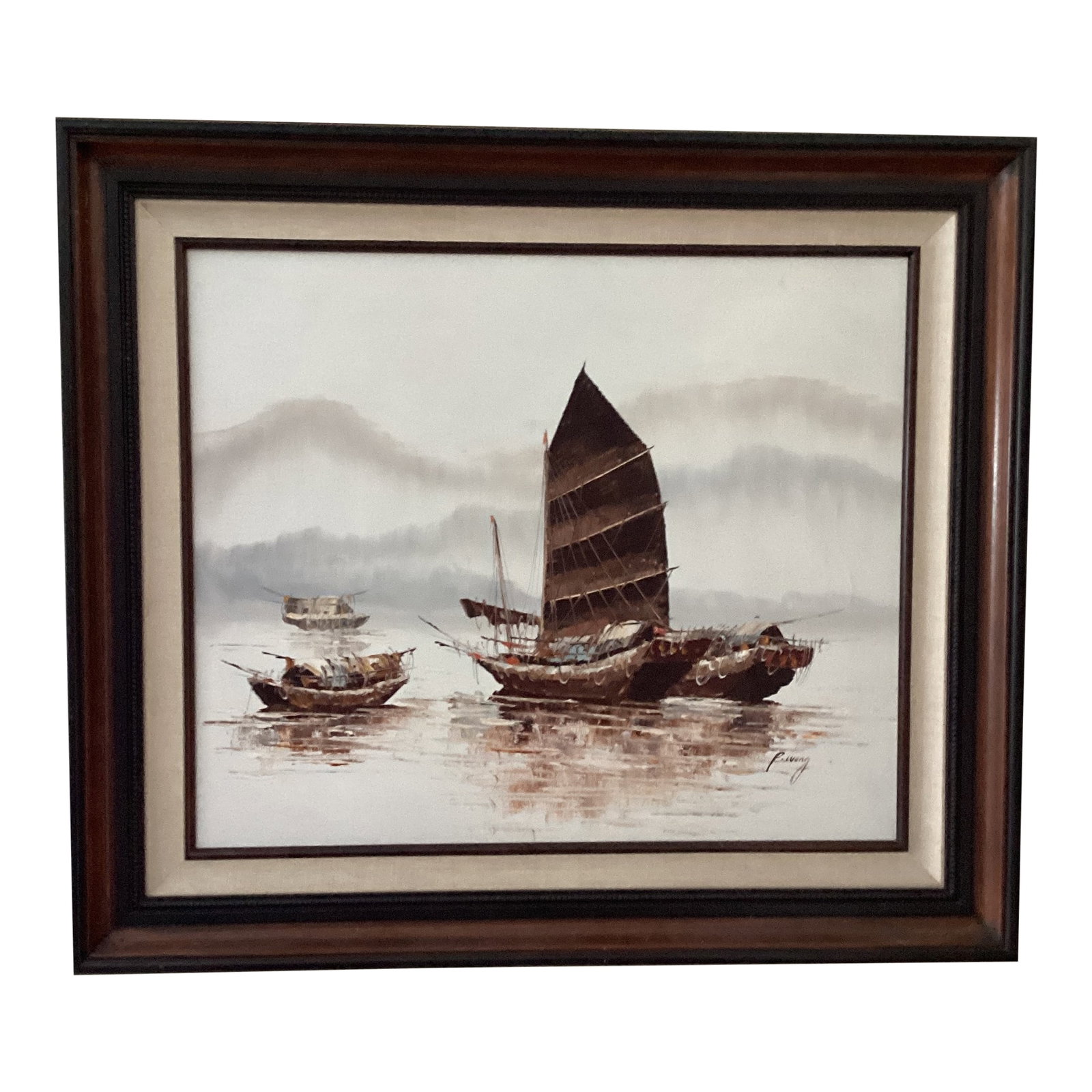 Original Painting on Canvas Nautical Seascape by Paul Wong Framed: Capture the essence of the ocean's tranquility with this original nautical seascape painting by Canadian artist P. Wong. The canvas, stretched and mounted in a complementary frame, is a testament to t