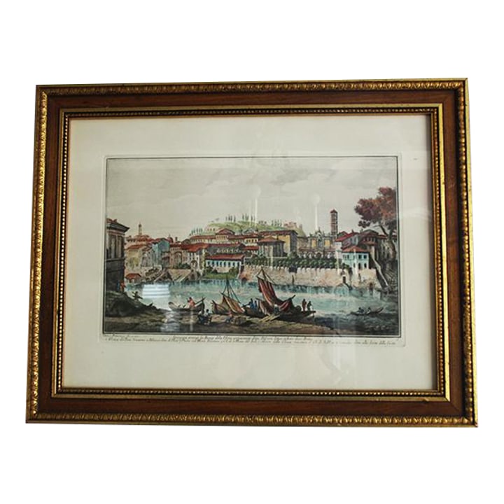 Mid 20th Century Framed Italian Lithograph: Framed Italian Hand-Painted Lithograph - Harbor Scene with Timeless Charm Enhance your decor with this exquisite Italian hand-painted lithograph depicting a serene harbor scene. Rich in detail and atm