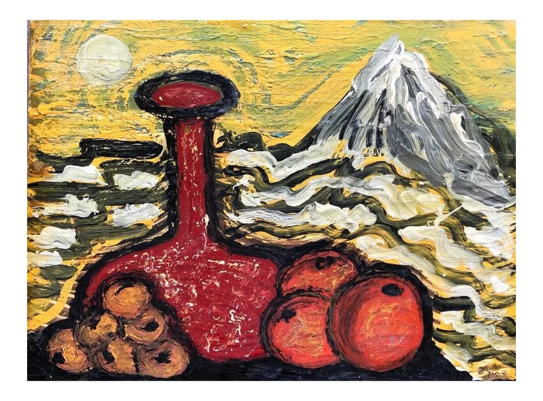 Original Richard Zyne Still Life Painting: -Bright, vibrant abstract still life work by artist Richard Gordon Zyne, titled Warm Wine and Oranges, dated 2004. Thick oil paint on masonite board, mounted on wood stretchers. Signed lower right and