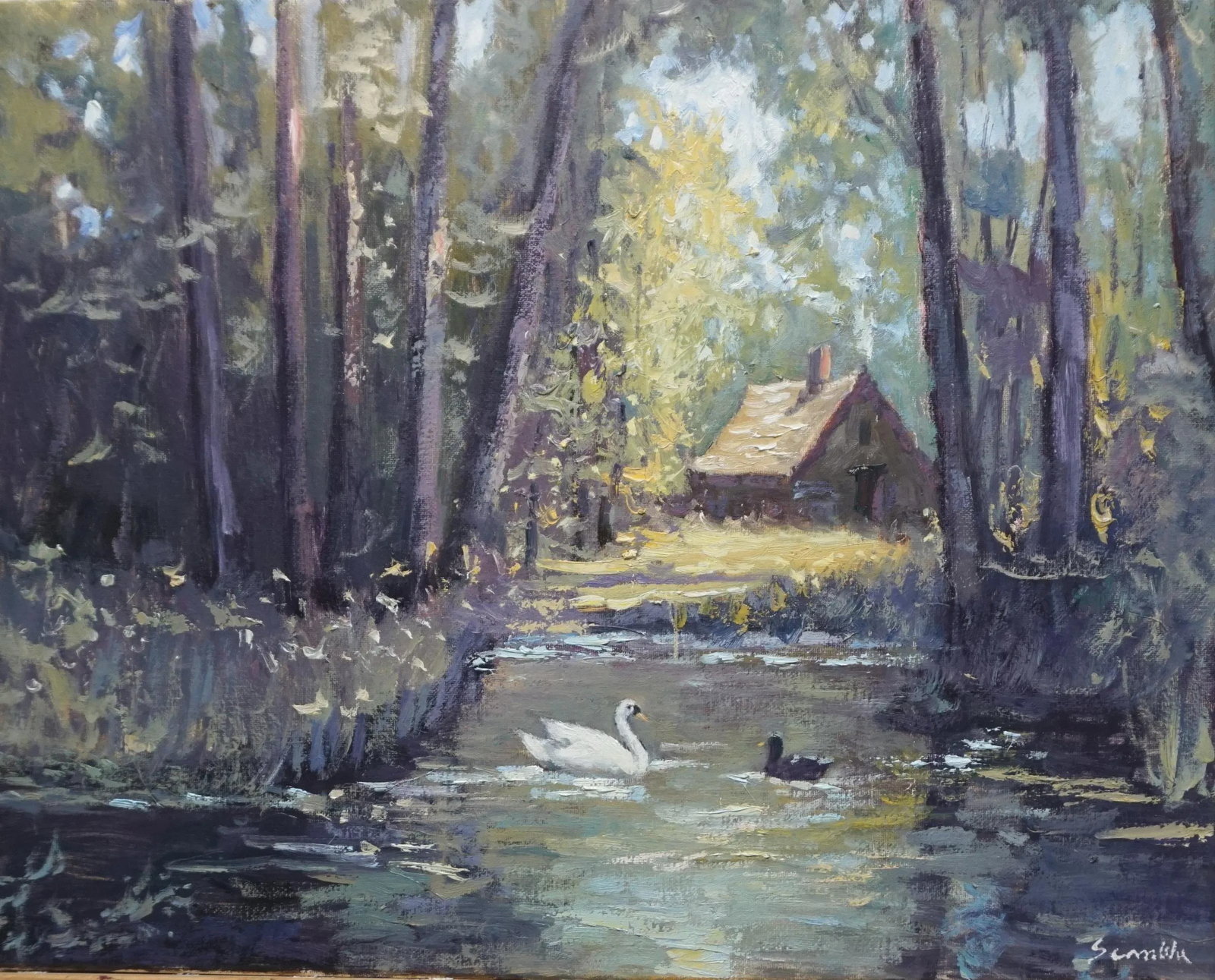 Sean Wu, Original Oil Landscape,Forest Pond: Original oil landscape by Sean Wu, A small house by a pond in the forest, with swans and ducks playing in the water Condition: Imperfections: No Imperfections Origin: United States Materials &