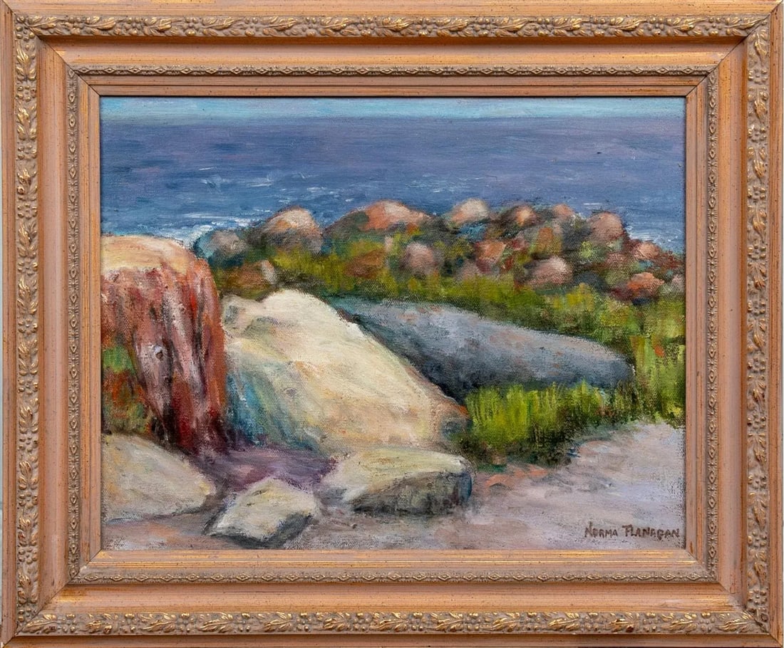 Norma B. Flanagan (20th Century Connecticut) Seascape "Low Tide" Oil on Canvas: Norma B. Flanagan (American, 20th Century) oil painting titled "Low Tide" features a modern expressionistic rendering of a rocky New England seascape. Signed lower right hand corner. Flannagan was