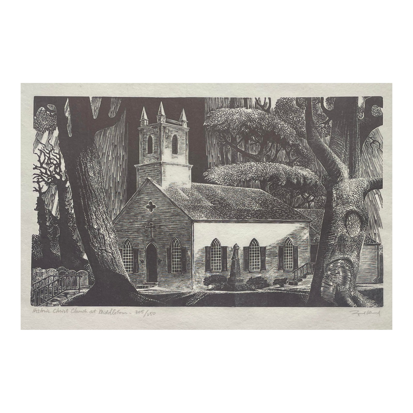 Lynd Ward Historic Christ Church at Middletown Wood Engraving: Lynd Kendall Ward (1905-1985) "Historic Christ Church at Middletown" wood engraving on thin paper, pencil signed and numbered 205 of 250. This church in Middletown, New Jersey was built in 1836.