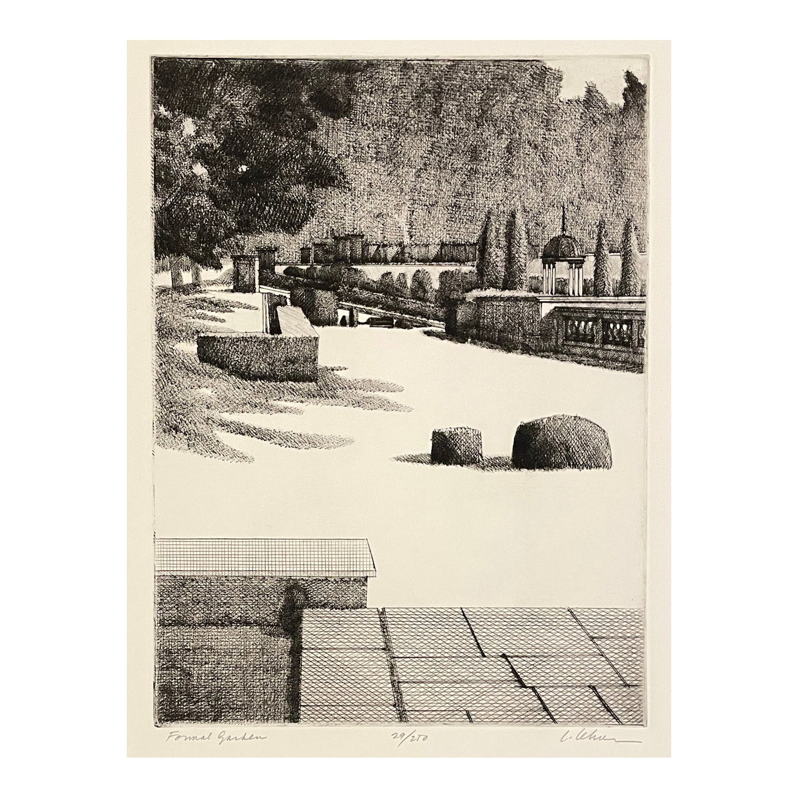 1969 Leonard Lehrer Formal Garden Etching: Leonard Lehrer (1935-2018) "Formal Garden" etching on paper, pencil signed and numbered 29 of 250. Published by Associated American Artist in 1969. Image size: 12 x 8.75 inches He had forty-eight solo