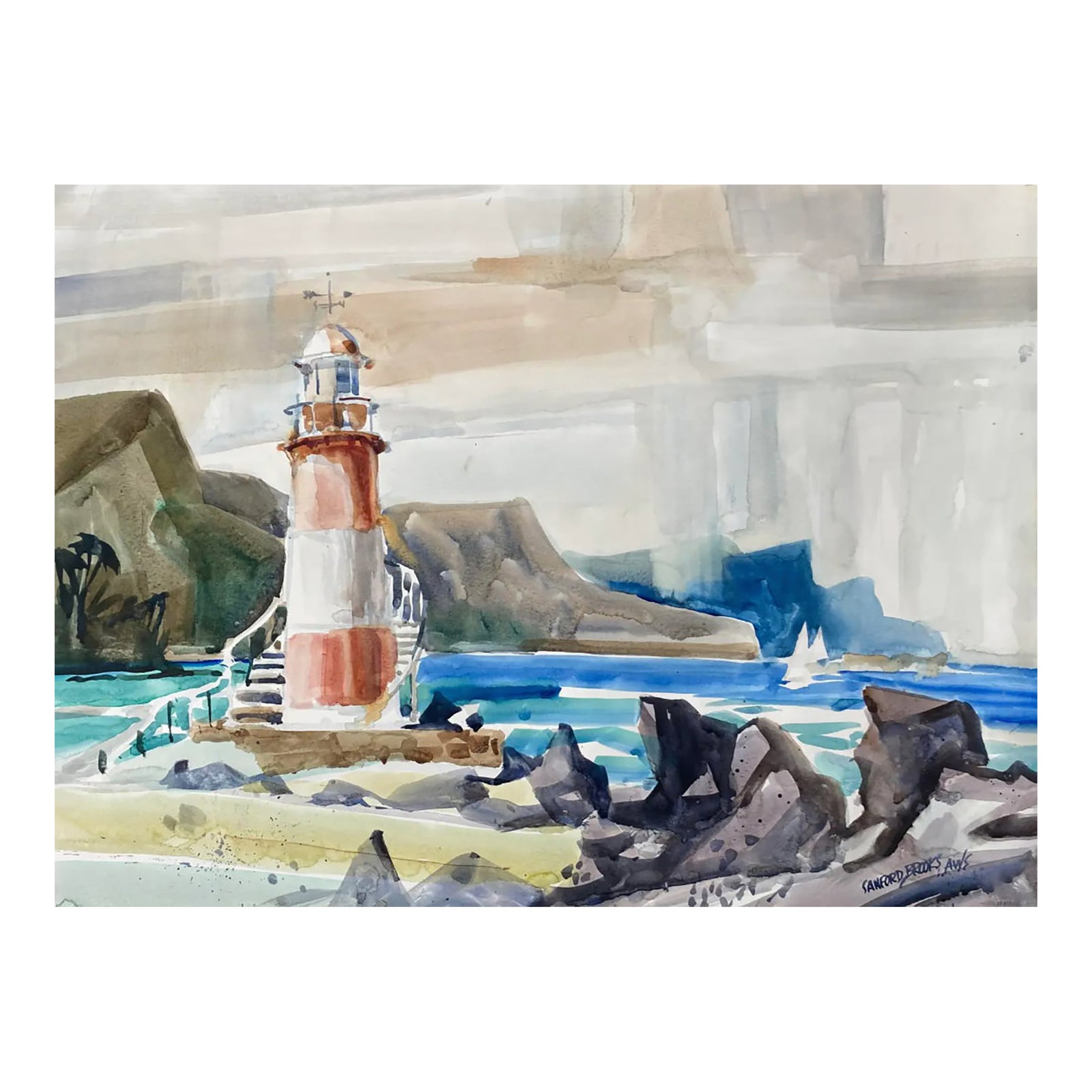 Sanford Brooks Lighthouse Coastal Watercolor: Watercolor on a topical coast with sailboats, palm trees and rocks by artist Sanford Mitchel "Samp" Brooks (1915-1999). Brooks painting in Florida, but this certainly appears to be more of a Maine or