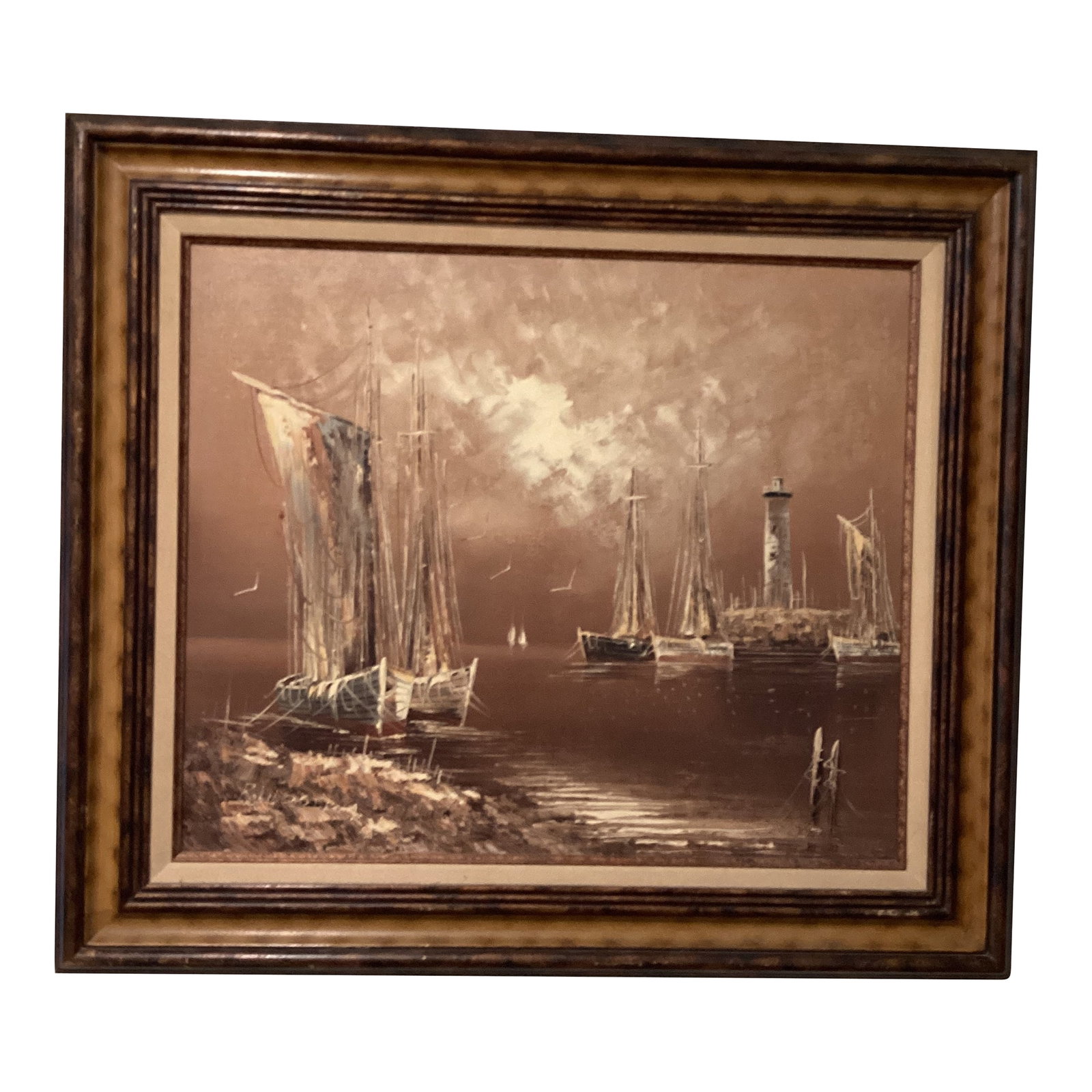 Vintage Oil Panting on Canvas by R . Lindstorm Nautical Seascape Framed: Amazing oil painting by Swedish artist Rikard Lindstrom (1882-1943), depicting a marine scene with sailboats and a lighthouse. The painting features sailboats at rest, possibly in a harbor, with a lig