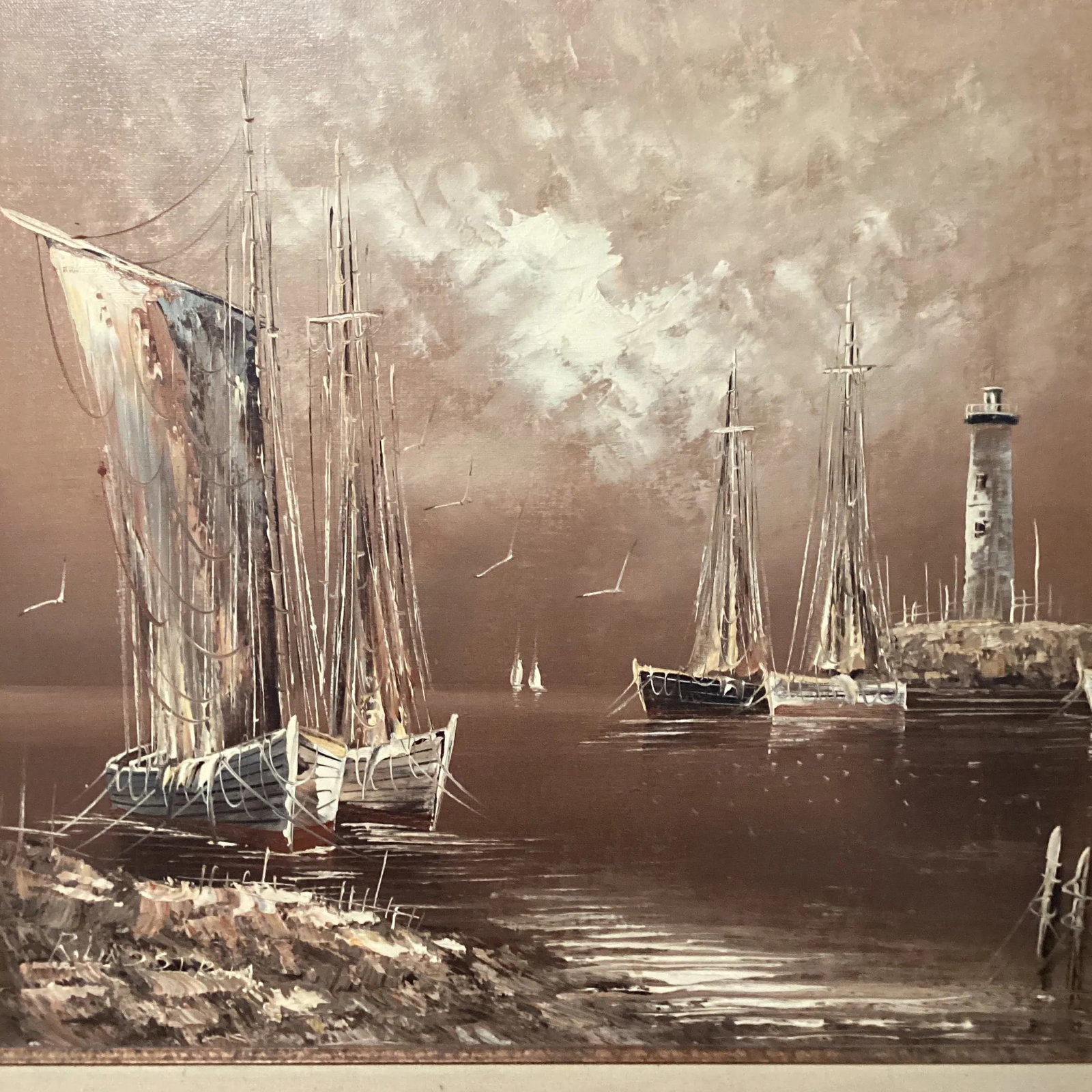 Vintage Oil Panting on Canvas by R . Lindstorm Nautical Seascape Framed - 2
