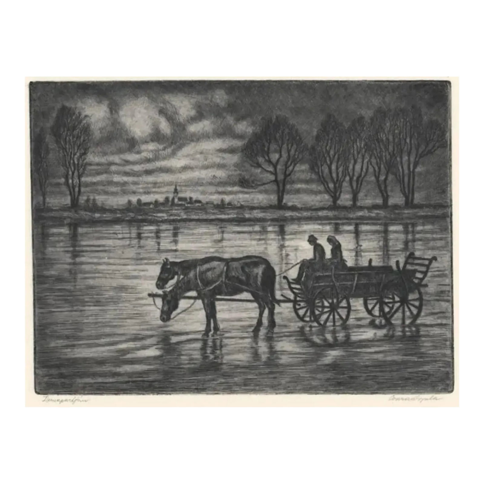 1920s Conrad Gyula Landscape With Horse and Cart Etching: Conrad Gyulay (Gyula) (1877-1959) etching on paper of a couple in a wagon. Signed lower right and titled lower left. Condition: Alterations: Original Condition Unaltered Imperfections: Some Imperfecti