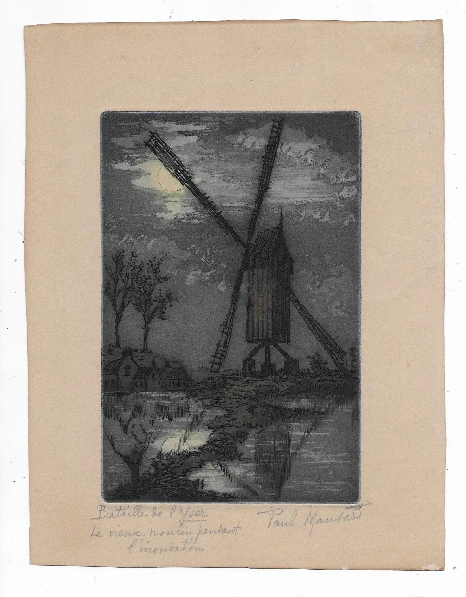 1920s Paul Mansard Old Mill During the Flood Etching - 2