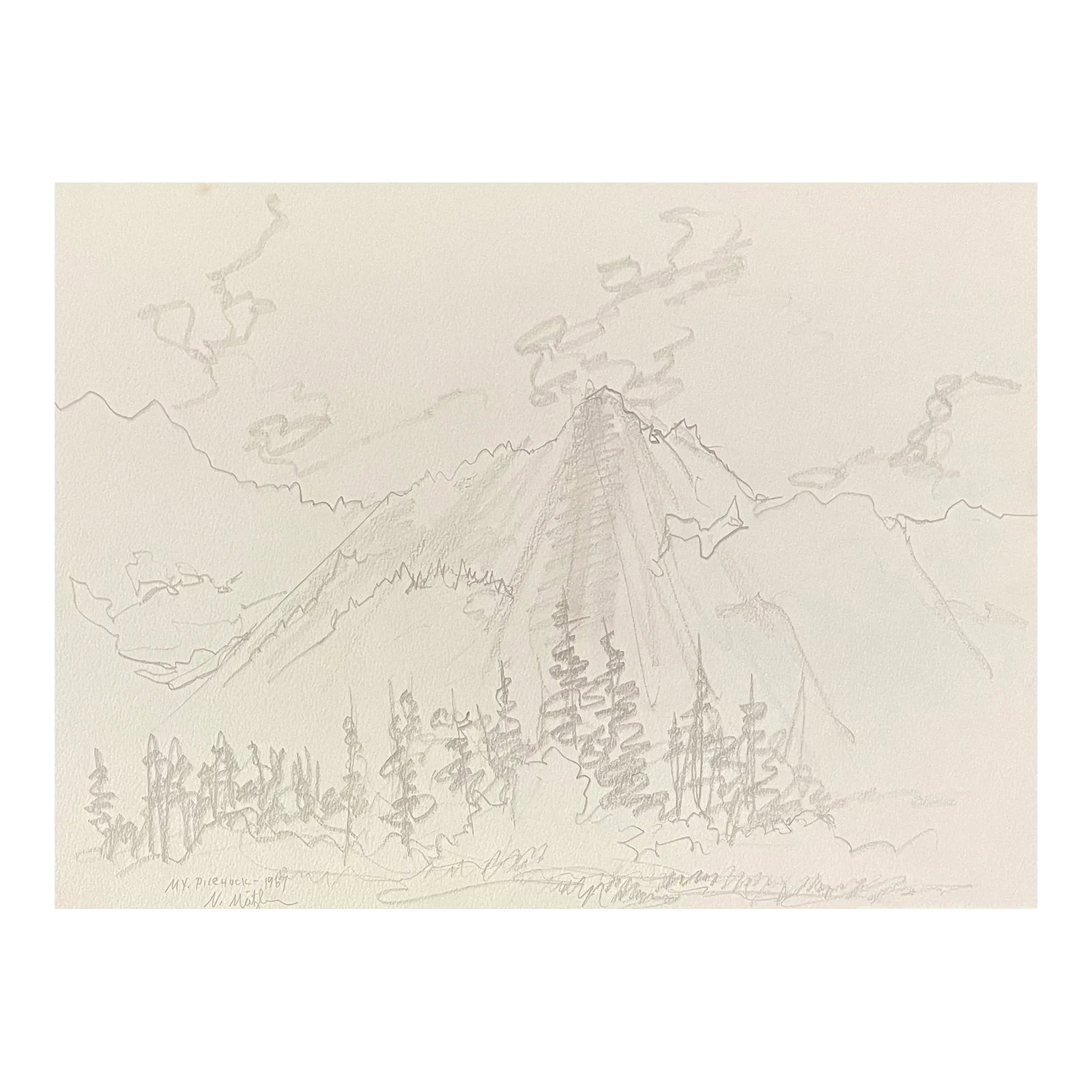 1967 Neil Meitzler Mt Pilchuck Drawing: Drawing of Mount Pilchuck in the Cascade Mountain Range from the estate of Northwest School artist Neil Meitzler (1930 - 2009). Signed, titled, and dated 1967 lower right. Meitzler's work can be found