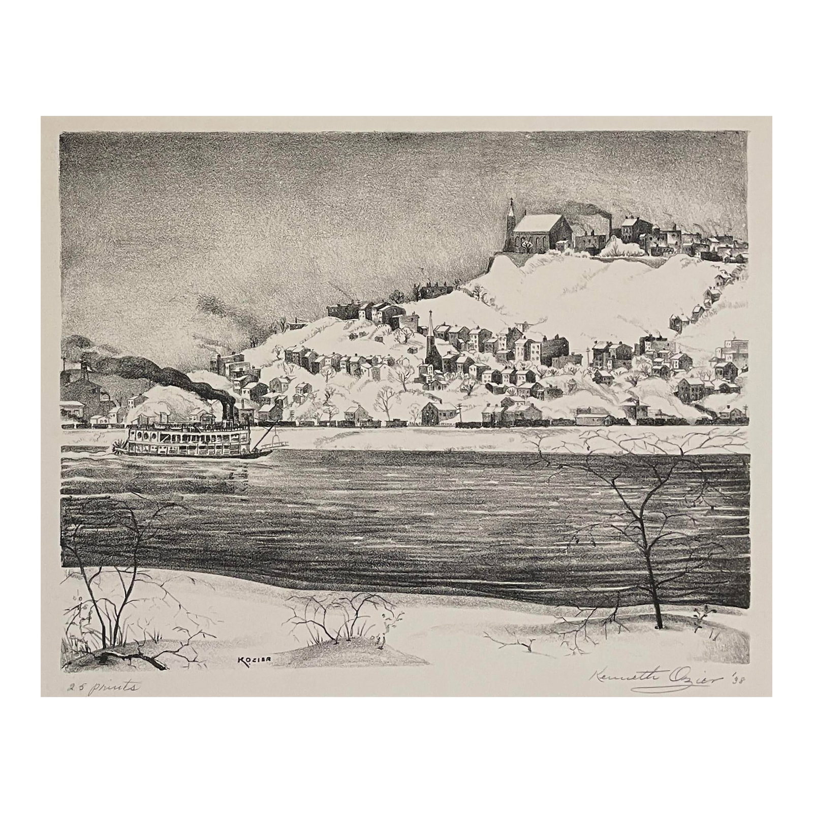 1938 Kenneth Ozier Ohio River Cincinnati Lithograph: 1938 etching by Cincinnati artist Kenneth Ozier (1905-1978) depicting a steamboat on the river in winter with the Mount Adams neighborhood above. The Holy Cross-Immaculata Church is at the top of the 