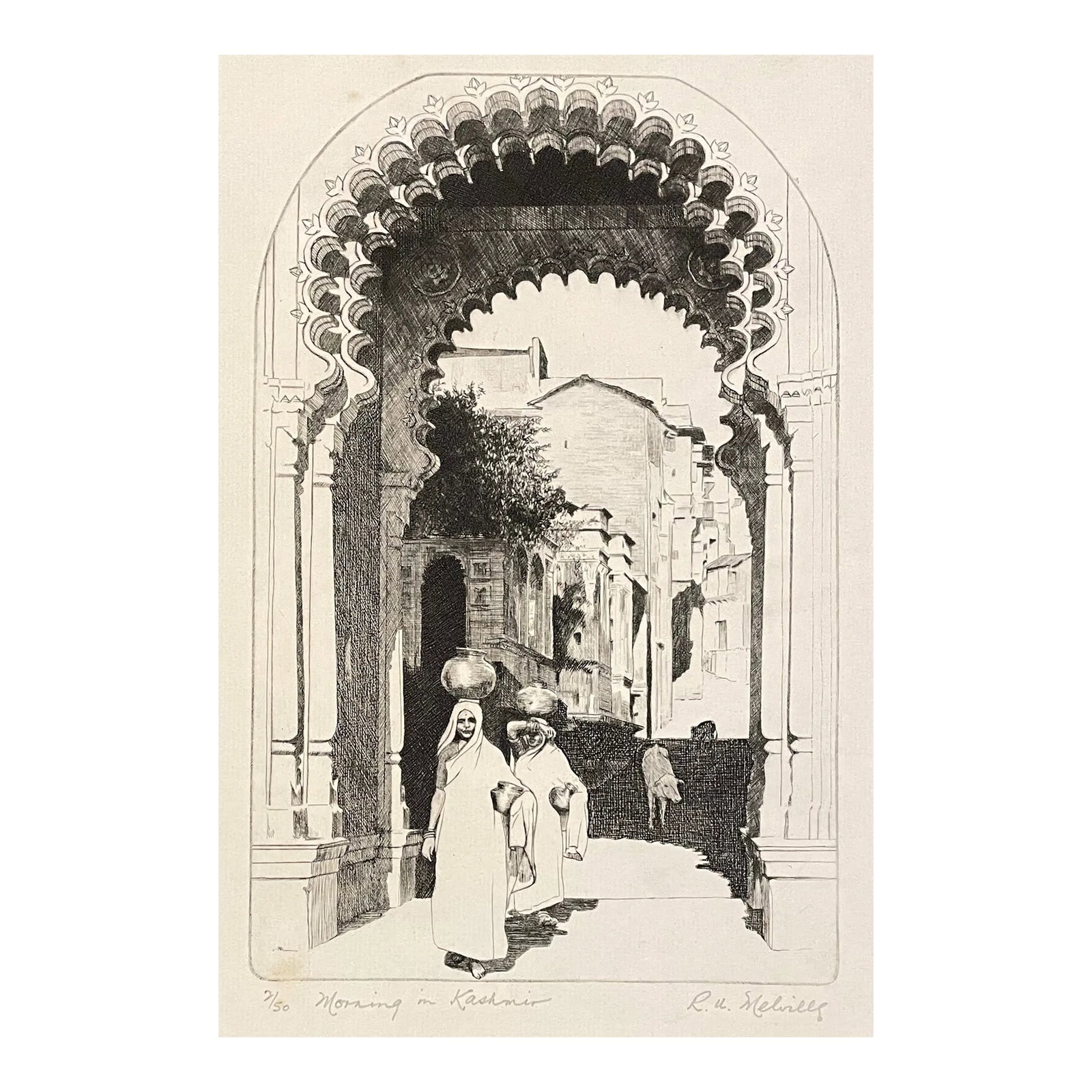 1970s Morning in Kashmir Orientalist Etching by Melville: 1970s RW Melville " Morning in Kashmir" etching on paper, pencil signed, titled and numbered 2 of 50. Condition: Alterations: Original Condition Unaltered Imperfections: Some Imperfections Condition N