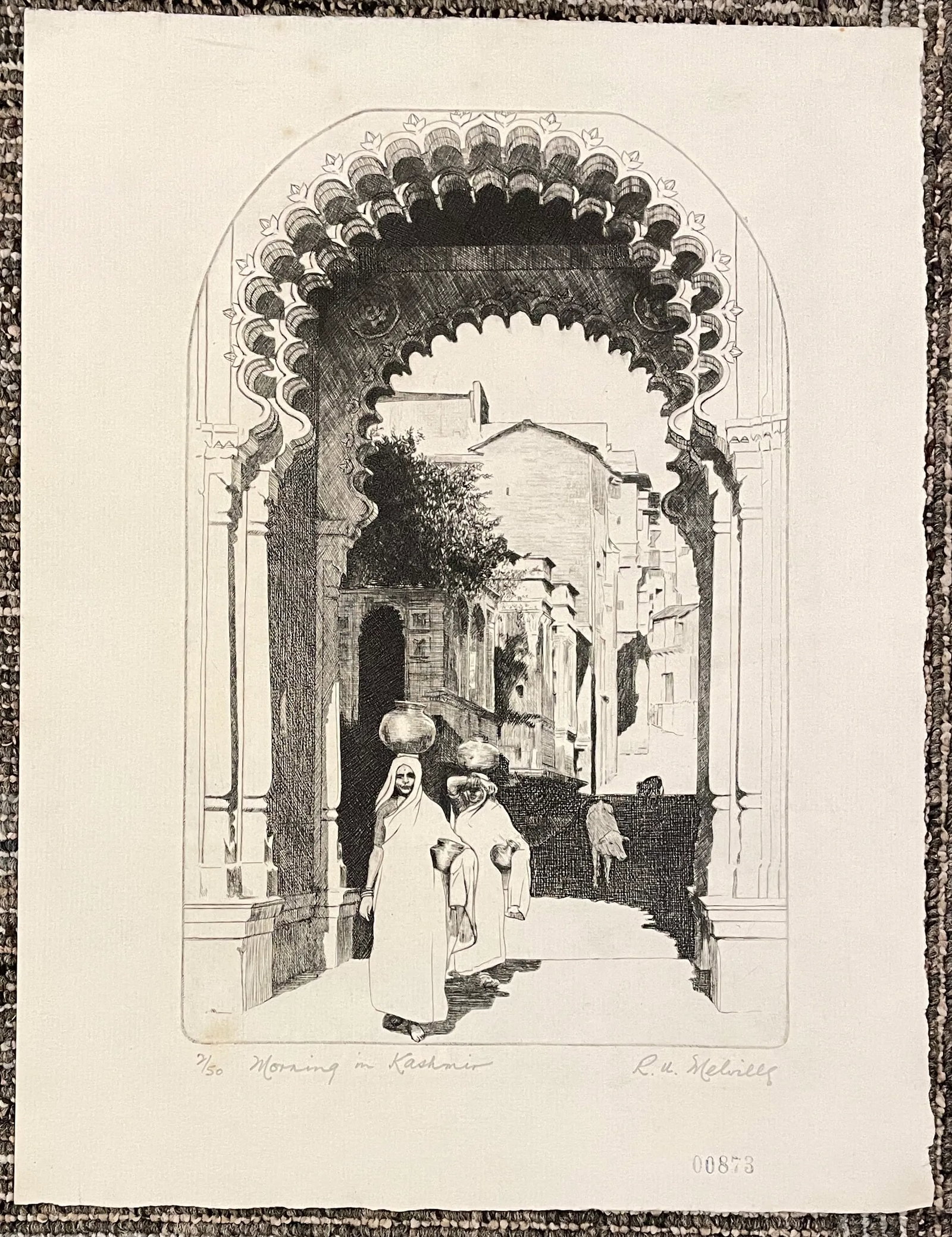 1970s Morning in Kashmir Orientalist Etching by Melville - 2