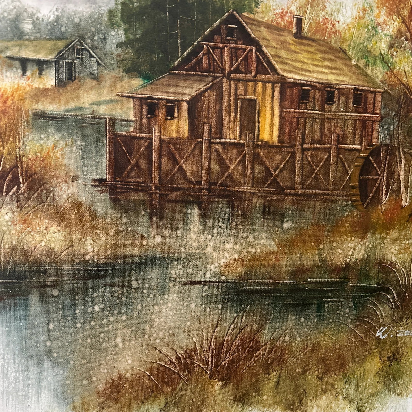 Mid 20th Century Rustic Wooden Cabin on the Lake Framed Oil Painting on Canvas by W. Zeller - 11