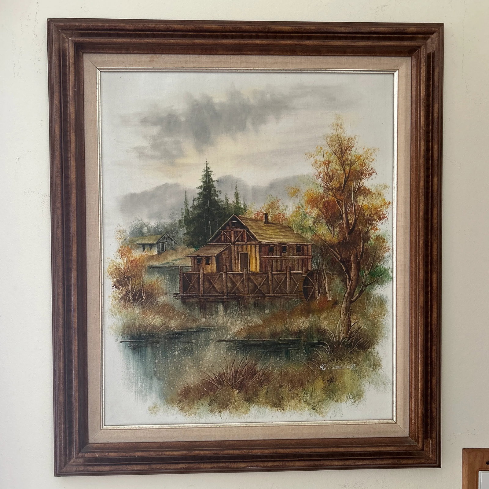 Mid 20th Century Rustic Wooden Cabin on the Lake Framed Oil Painting on Canvas by W. Zeller - 12